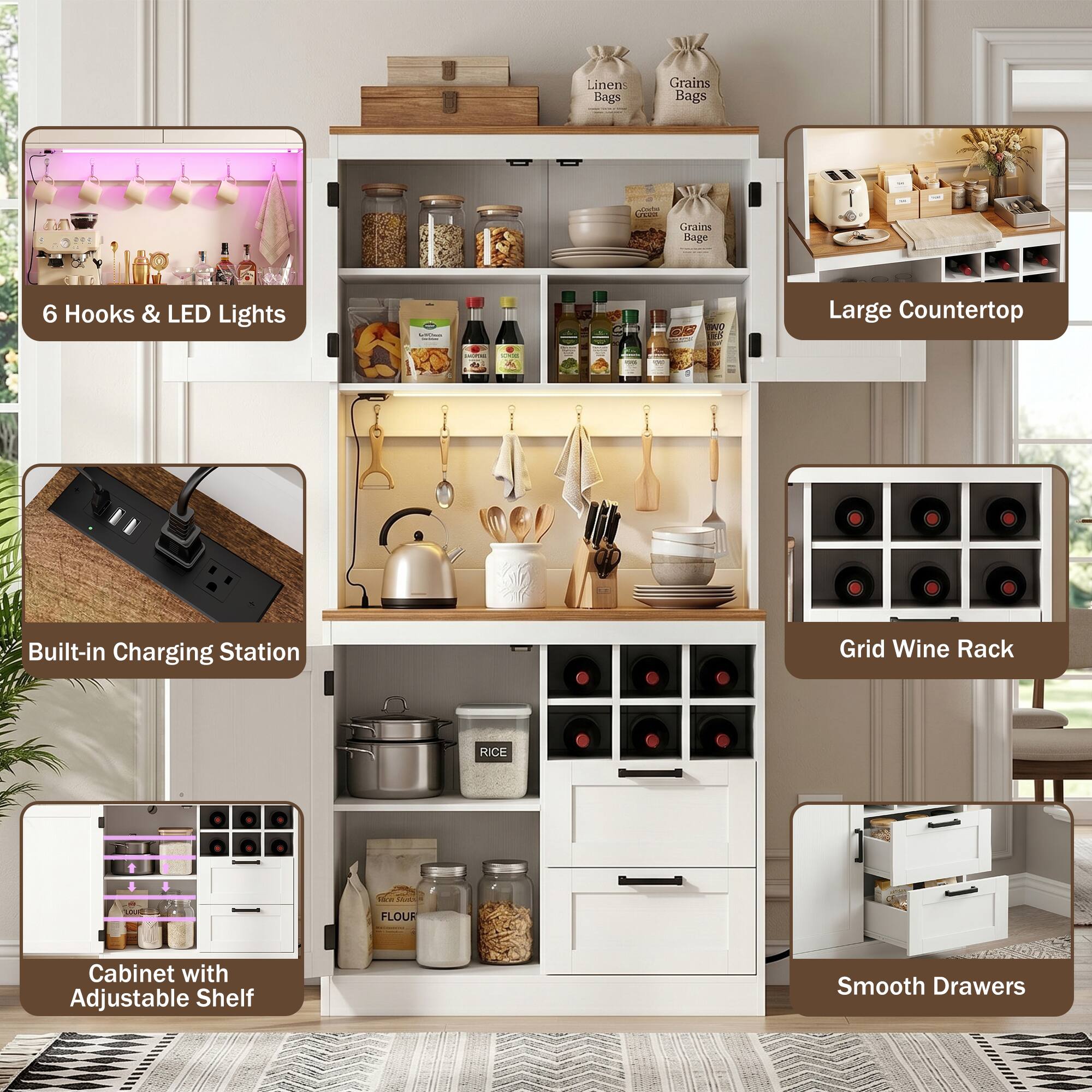 Linen Bags, Grains Bags, and V Ctaion Bage 6 Hooks & LED Lights, CH ONO ten Large Countertop, Built-in Charging Station, Grid Wine Rack, RICE, FLOUR Cabinet with Adjustable Shelf, Smooth Drawers