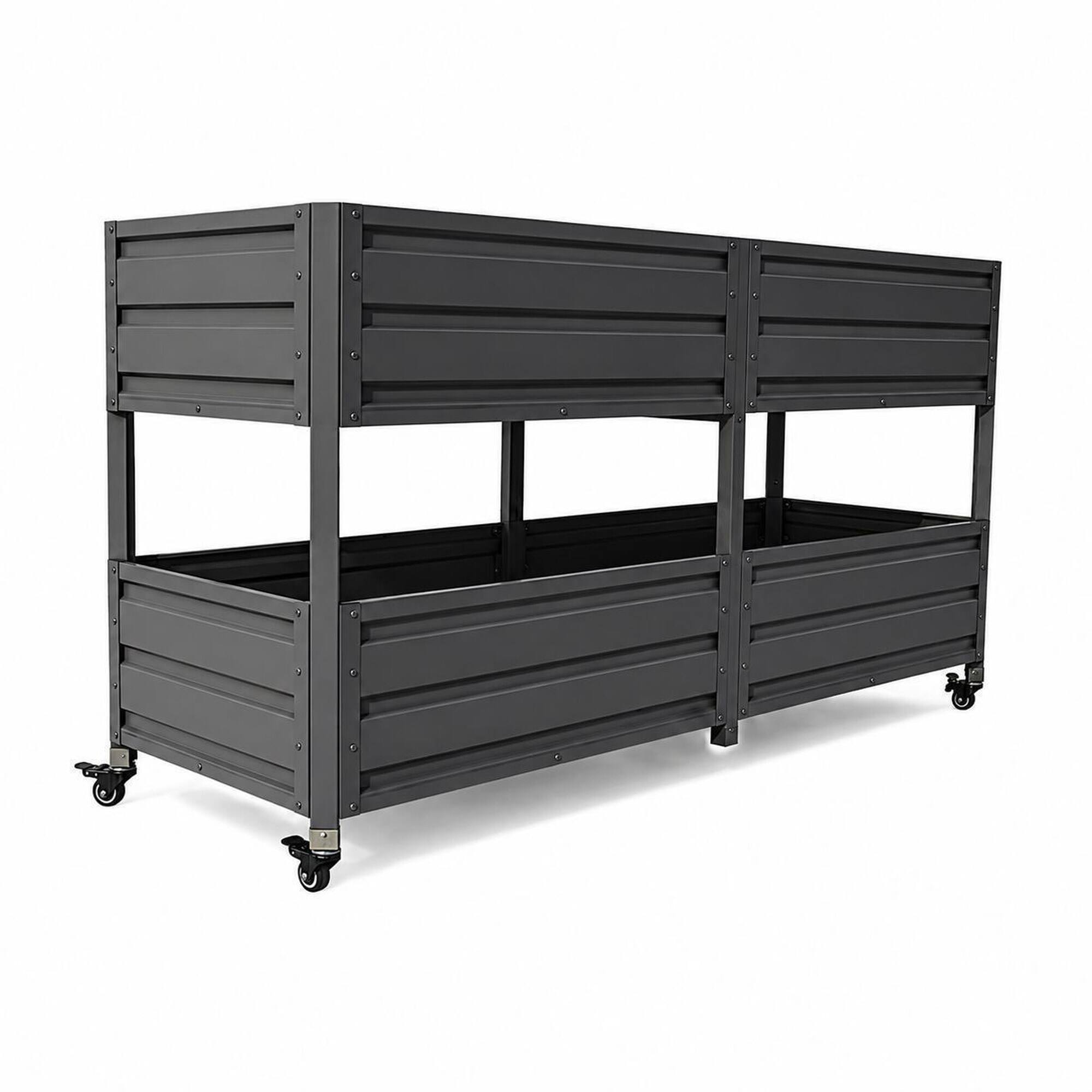 Front. RYHNUYNE - Grey Elevated Two Tier Metal Raised Garden Bed with Lockable Wheels for Patio Backyard Vegetable Herb and Flower - Grey.