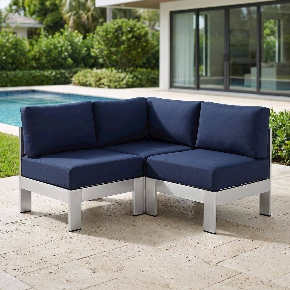 Left. Outdoor Escape - Aluminum Corner Sofa For Outdoor Patio With Cushioned Seating - Silver.