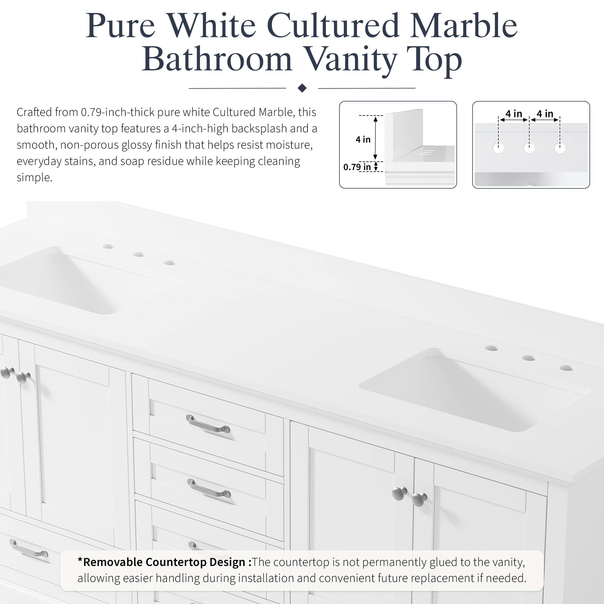 Pure White Cultured Marble Bathroom Vanity Top

Crafted from 0.79-inch-thick pure white Cultured Marble, this bathroom vanity top features a 4-inch-high backsplash and a smooth, non-porous glossy finish that helps resist moisture, everyday stains, and soap residue while keeping cleaning simple.

*Removable Countertop Design: The countertop is not permanently glued to the vanity, allowing easier handling during installation and convenient future replacement if needed.