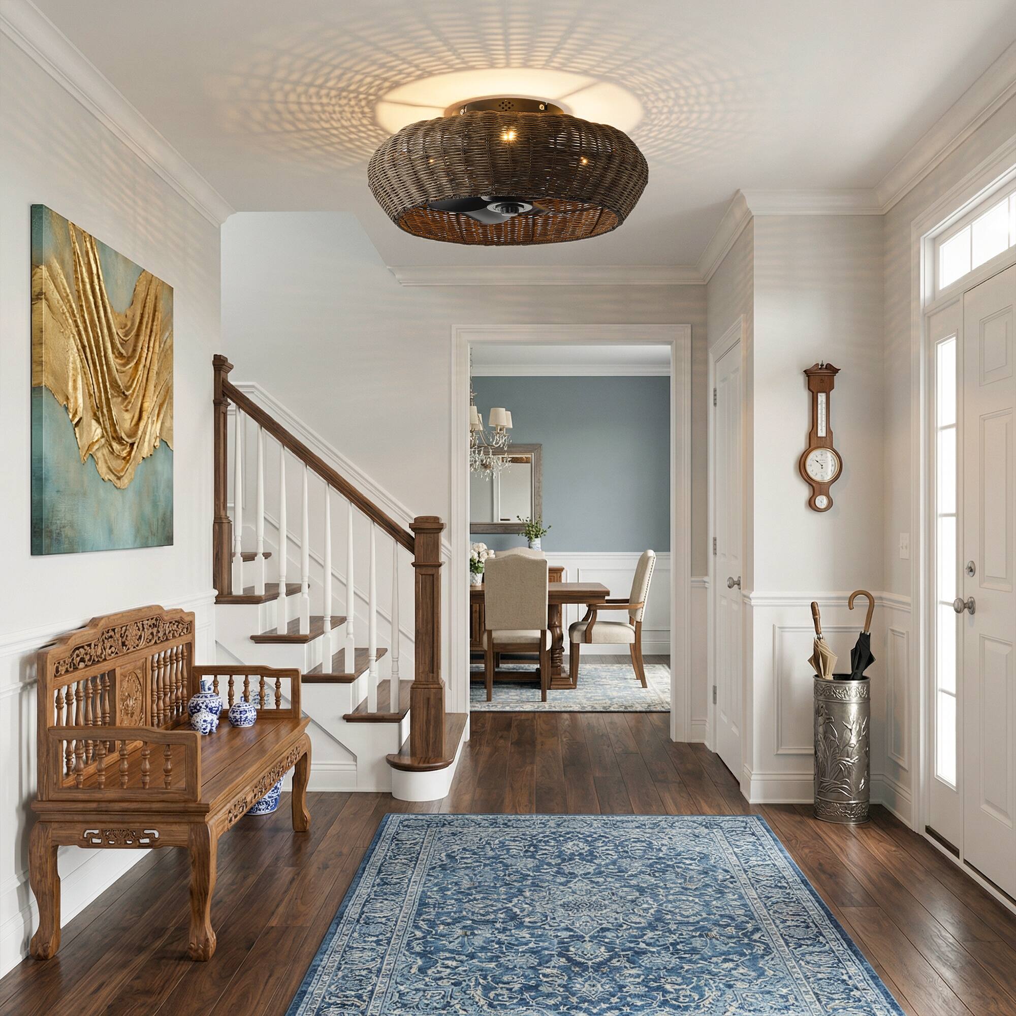 Angle. Vaczon - 20" Boho Rattan Caged Ceiling Fan with Light and Remote, 6-Speed Reversible Blades, Low-Profile Flush Mount Ceiling Fan - Espresso Rattan.