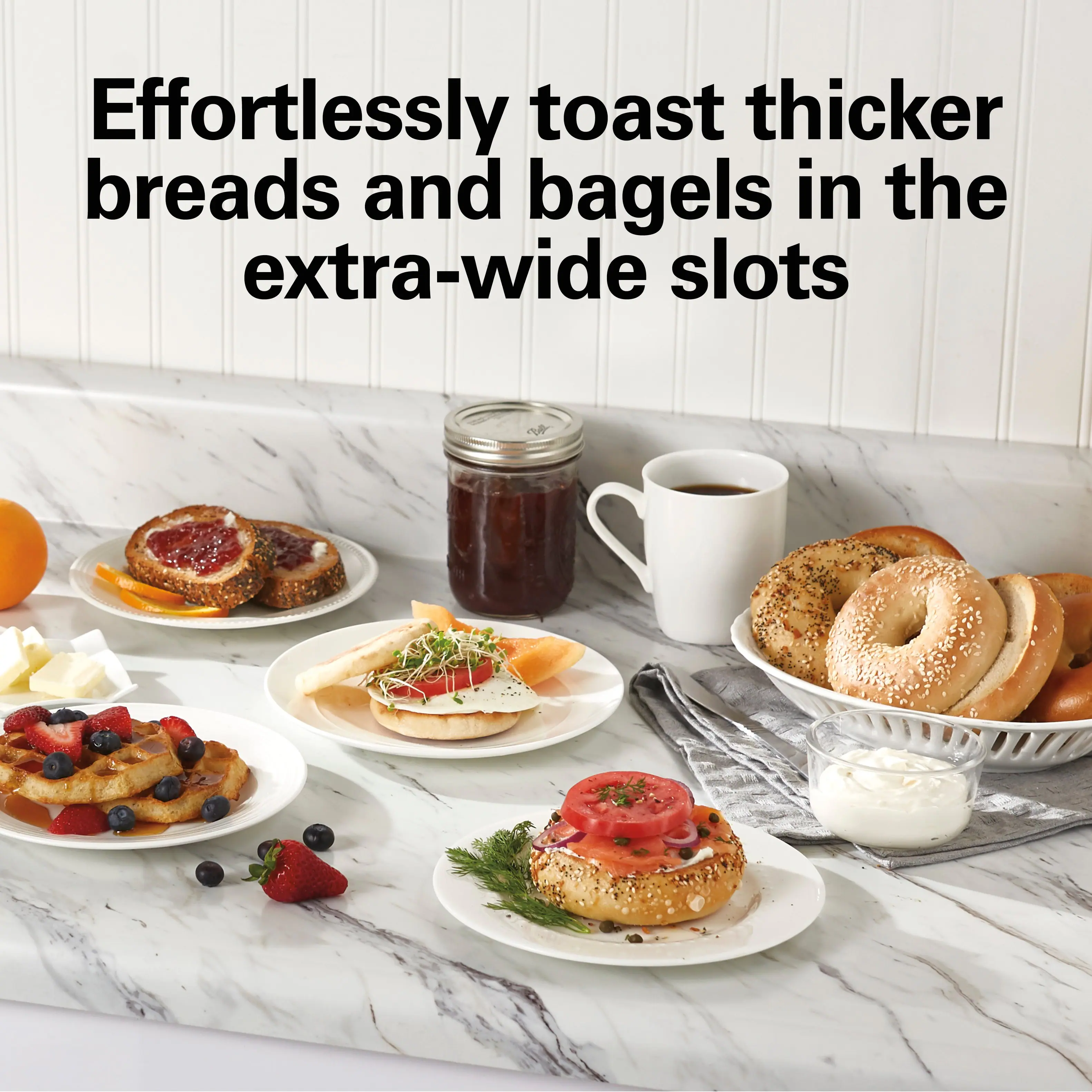 Effortlessly toast thicker breads and bagels in the extra-wide slots