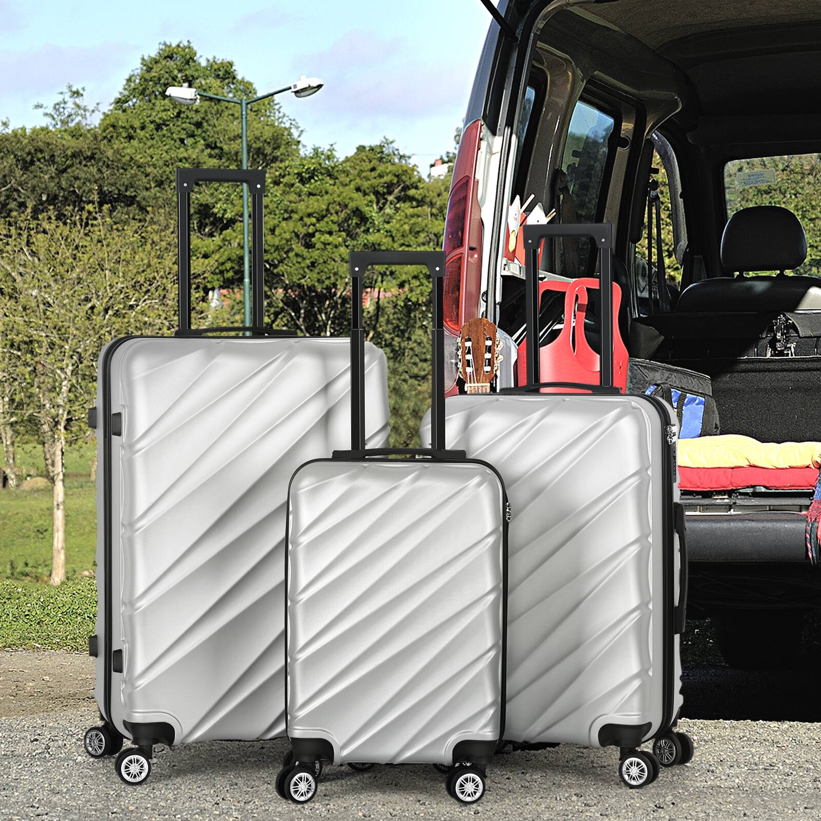 Alt View 3. Oumilen - 3 Piece Silver Hardshell Luggage Set – 20" + 24" + 28" ABS Suitcases, TSA Lock & Silent Spinner Wheels - Silver.