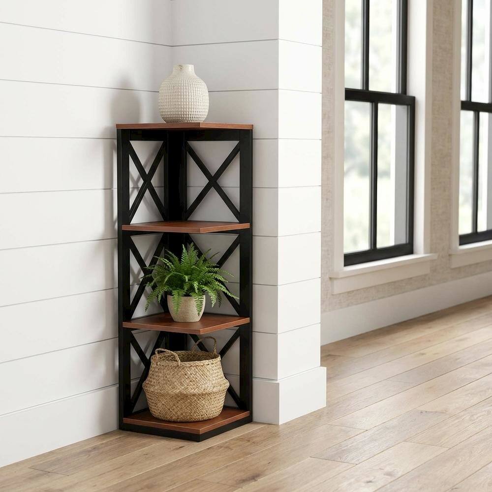 Back. FurniFact - Corner Bookcase in Neutral Finish with Stable Support and Durable Construction - Cherry.