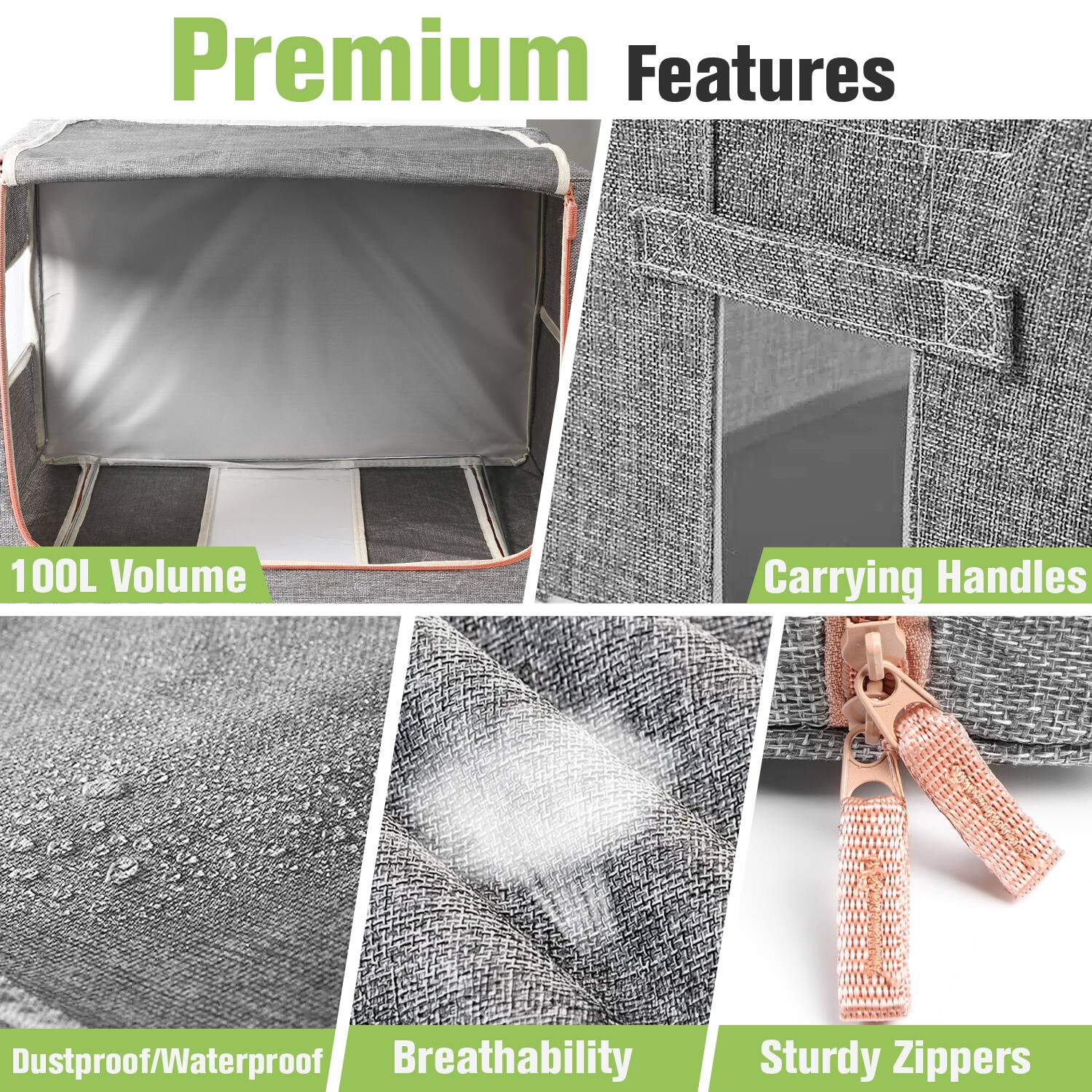 Premium Features

- 100L Volume
- Carrying Handles
- Dustproof/Waterproof
- Breathability
- Sturdy Zippers