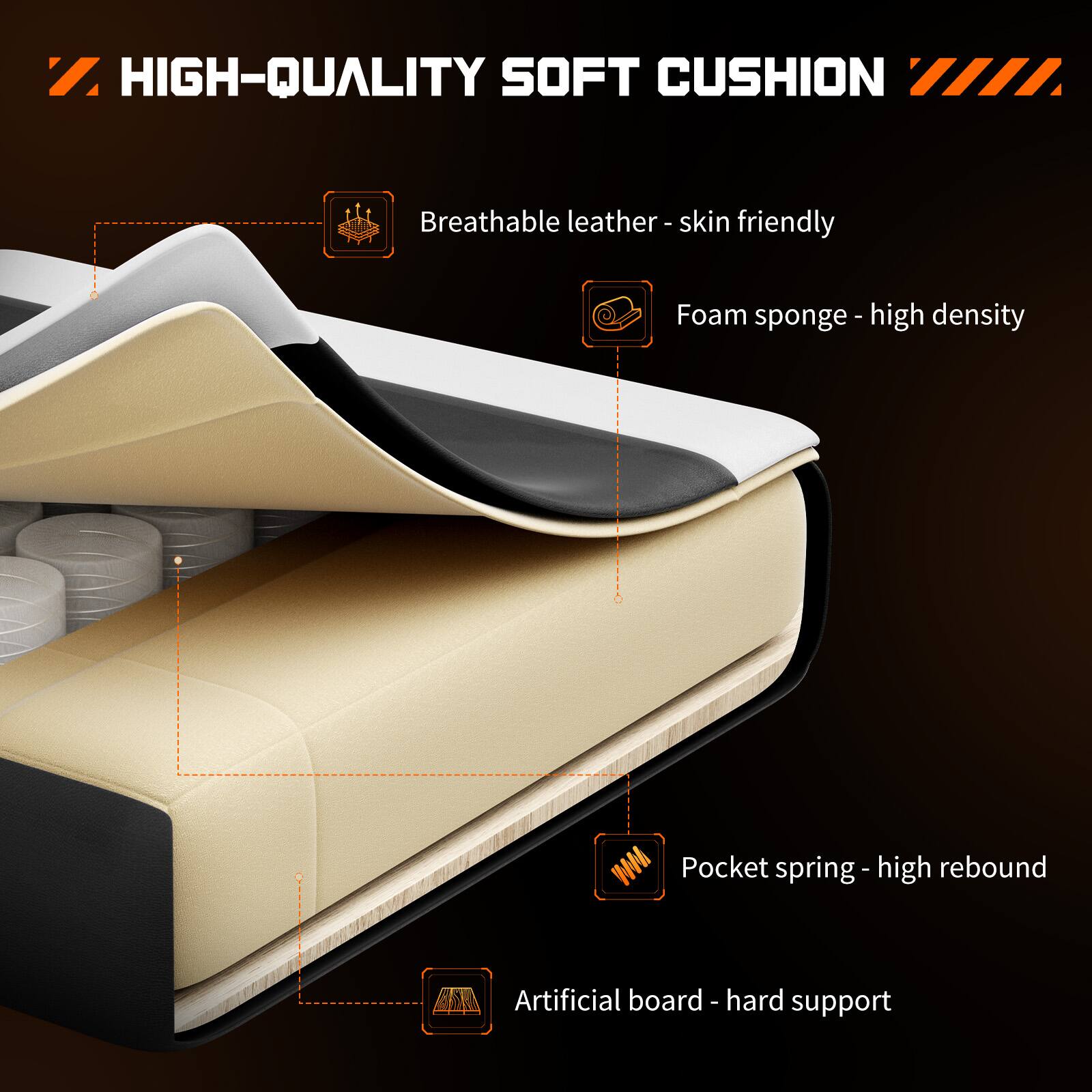 HIGH-QUALITY SOFT CUSHION

- Breathable leather - skin friendly
- Foam sponge - high density
- Pocket spring - high rebound
- Artificial board - hard support