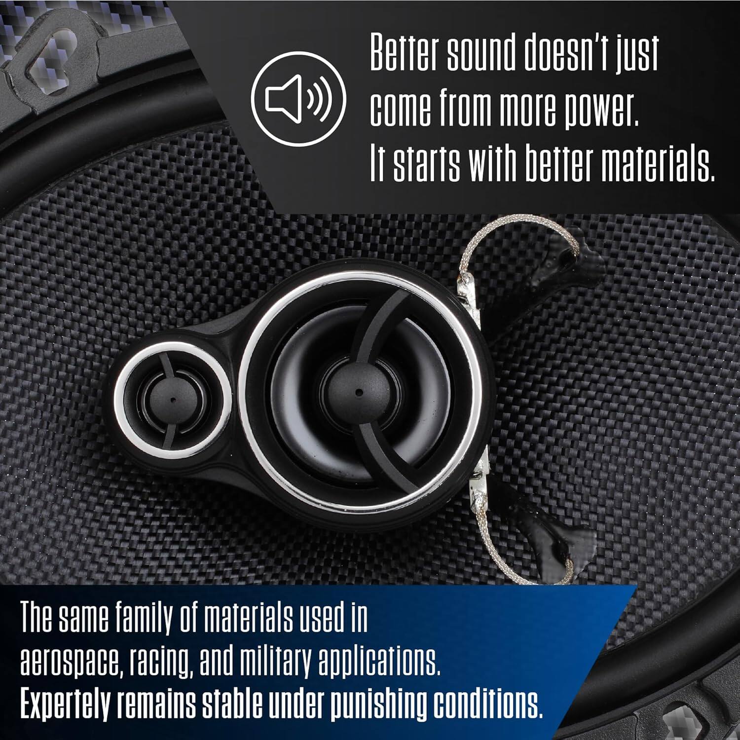 Better sound doesn't just come from more power. It starts with better materials. The same family of materials used in aerospace, racing, and military applications. Expertly remains stable under punishing conditions.