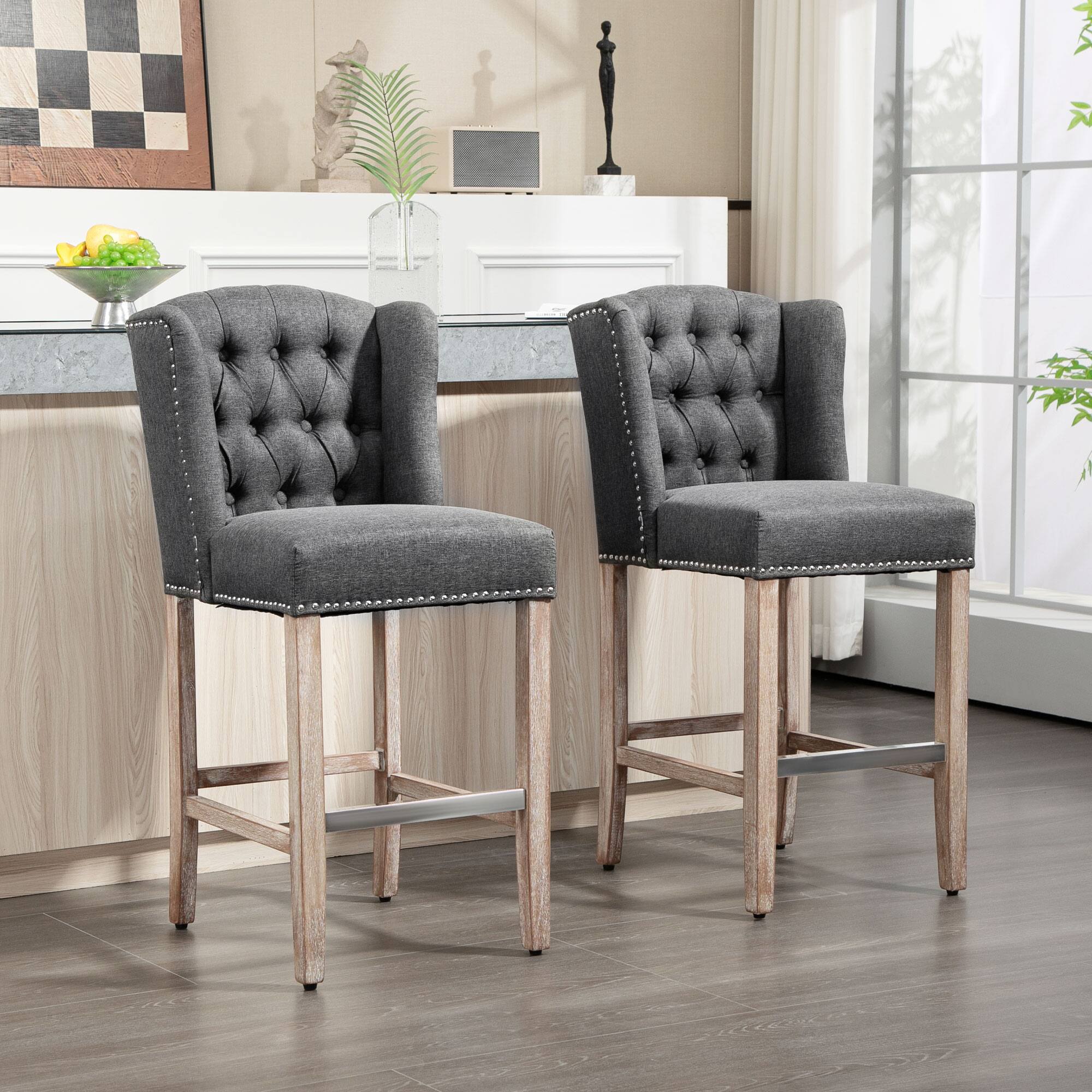 Alt View 1. Homcom - Counter Height Bar Stools Set of 2 (27"H Seat), Upholstered Farmhouse Kitchen Island Stools with Nailhead-Trim & Tufted - gray.