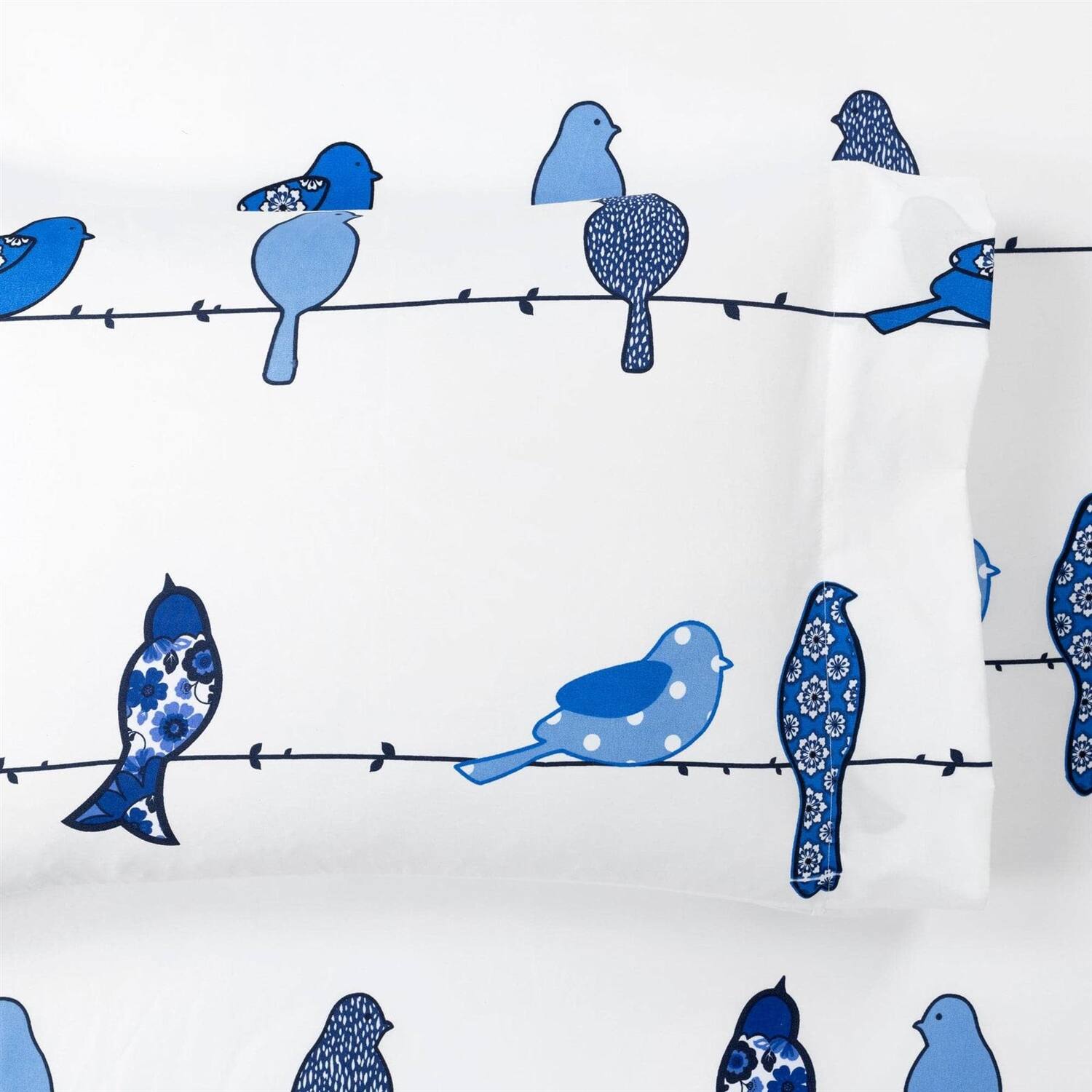 Left. Hivvago - King size Blue White Floral Birds on Wire Soft Polyester 6 Piece Sheet Set - Blue, White.