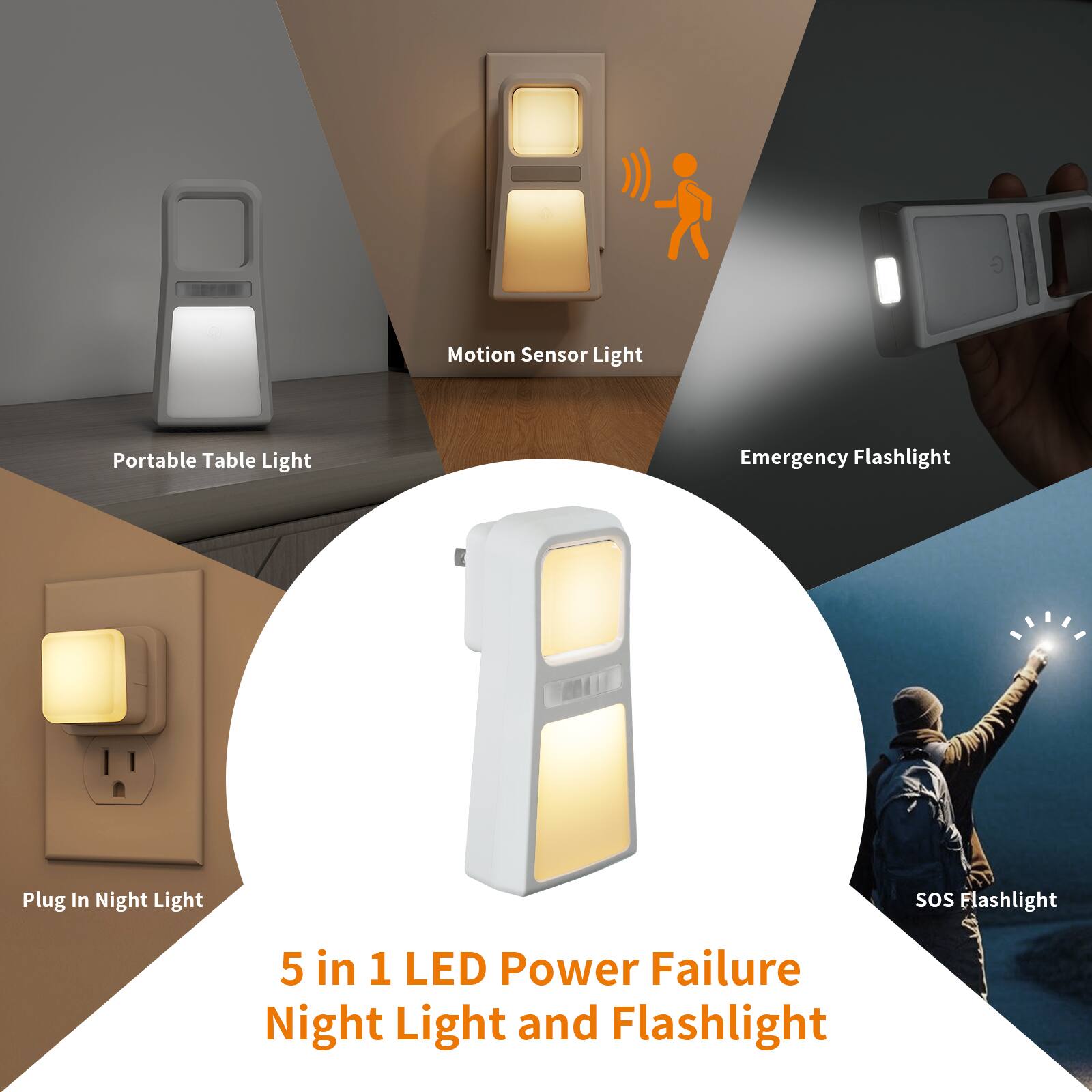 Motion Sensor Light Portable Table Light Emergency Flashlight Plug In Night Light SOS Flashlight 5 in 1 LED Power Failure Night Light and Flashlight