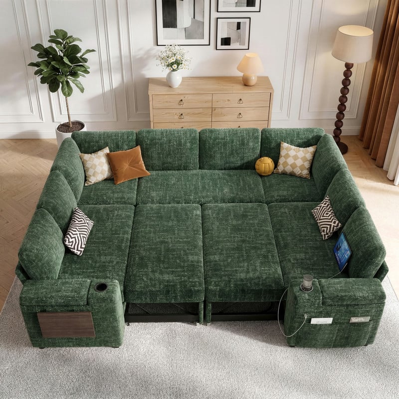 Dyonery - 108-inch 8-seater sofa with a pull-out bed,  storage space, Chenille green - Green