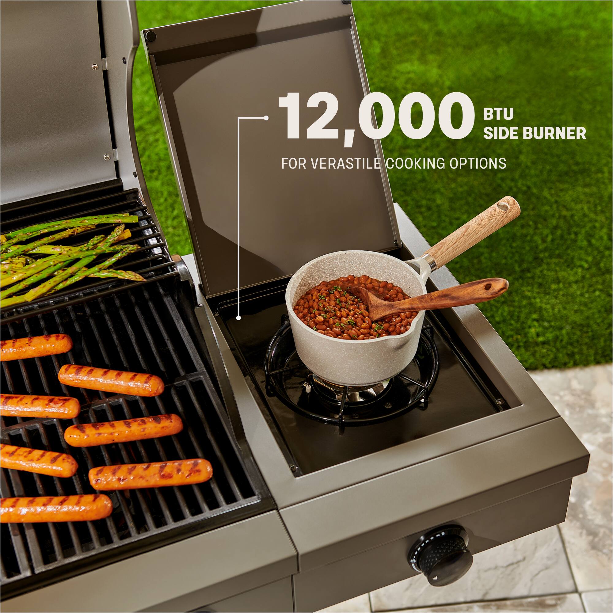 "12,000 BTU Side Burner for Versatile Cooking Options."