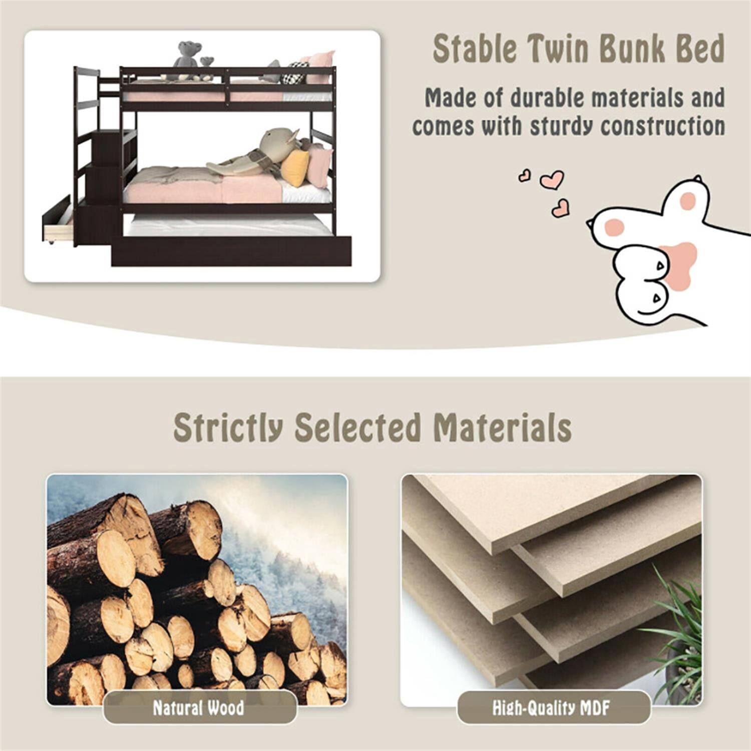 Stable Twin Bunk Bed  
Made of durable materials and comes with sturdy construction  

Strictly Selected Materials  
Natural Wood  
High-Quality MDF