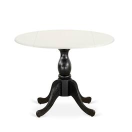 East West Furniture - Round Kitchen Table with Drop Leaves - Linen White Table Top and Black Pedestal Leg Finish - Multi-Color
