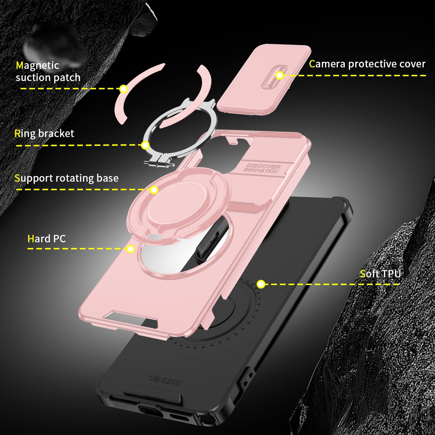 - Magnetic suction patch
- Camera protective cover
- Ring bracket
- Support rotating base
- Hard PC
- Soft TPU
- DISCOVER INNOVATION
- SM-5251