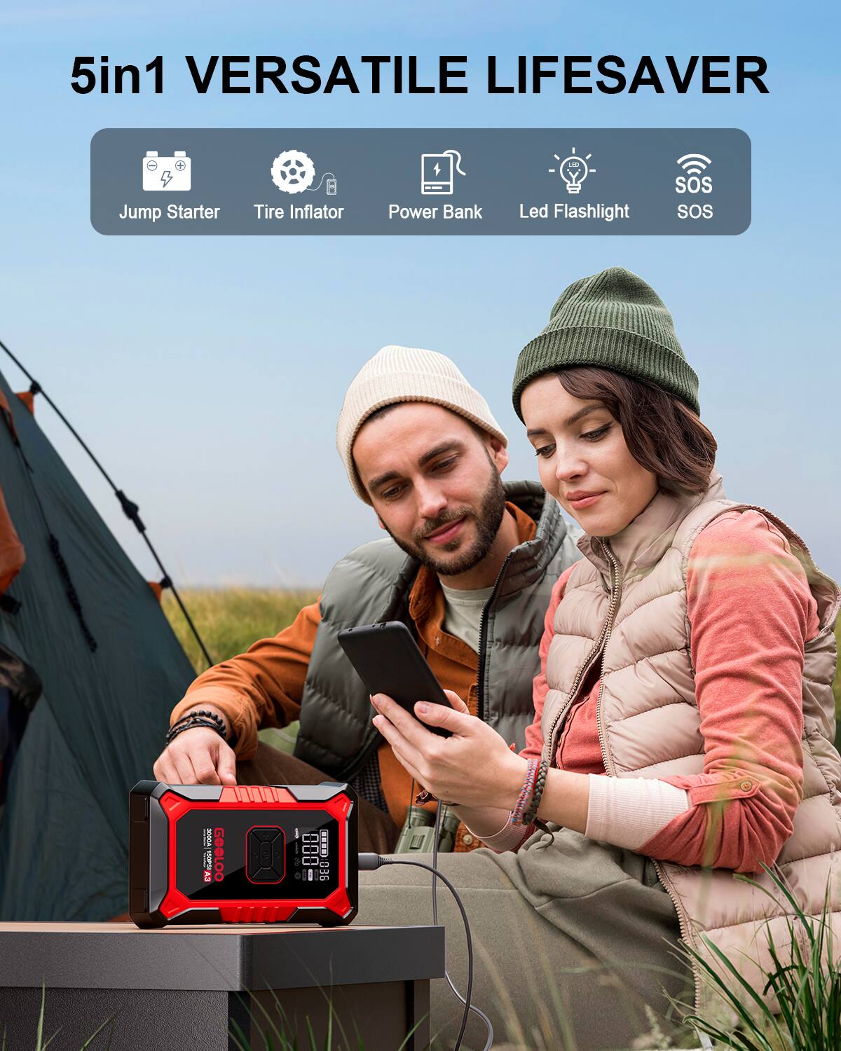 5in1 VERSATILE LIFESAVER  
Jump Starter Tire Inflator Power Bank LED Flashlight SOS  
2000A 100W 3 GOOLOO 118 n0n CETT0/036  
$000 980