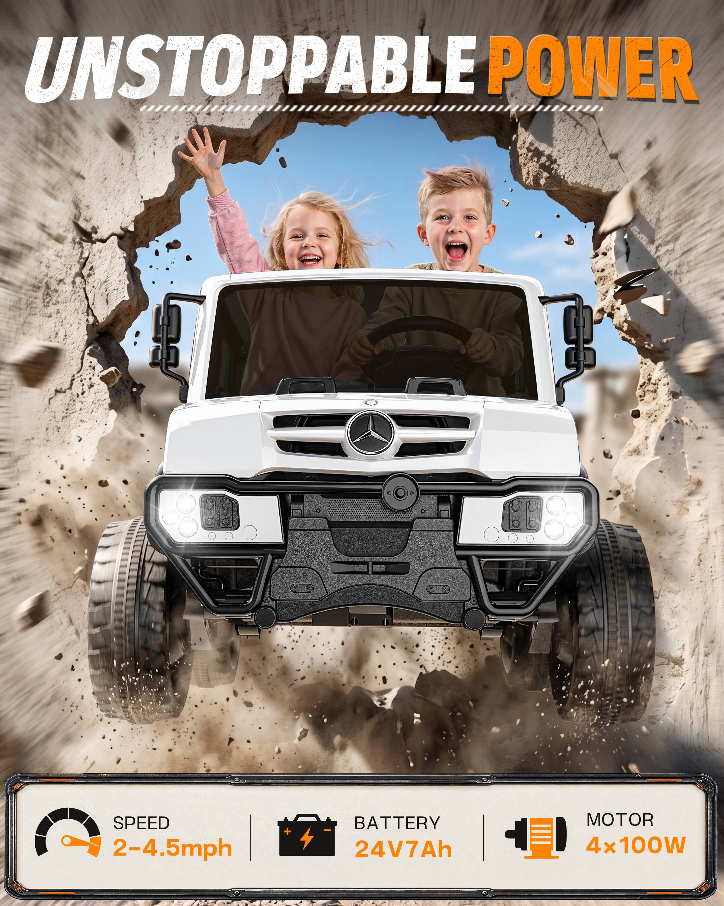 UNSTOPPABLE POWER

SPEED 2-4.5mph  
BATTERY 24V7Ah  
MOTOR 4x100W