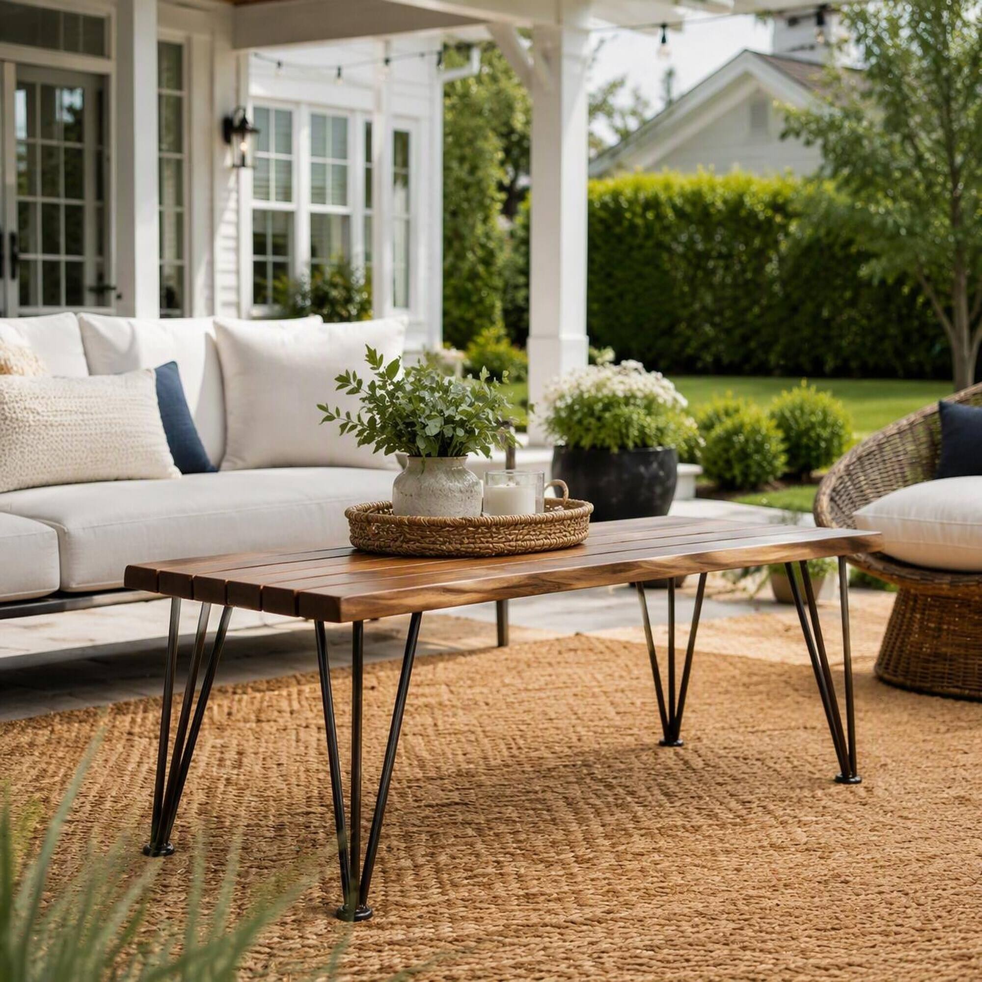 Back. RYHNUYNE - Outdoor Rectangular Coffee Table,Slatted Wood Top with Metal Legs,Patio Accent Side Table for Garden - Teak.