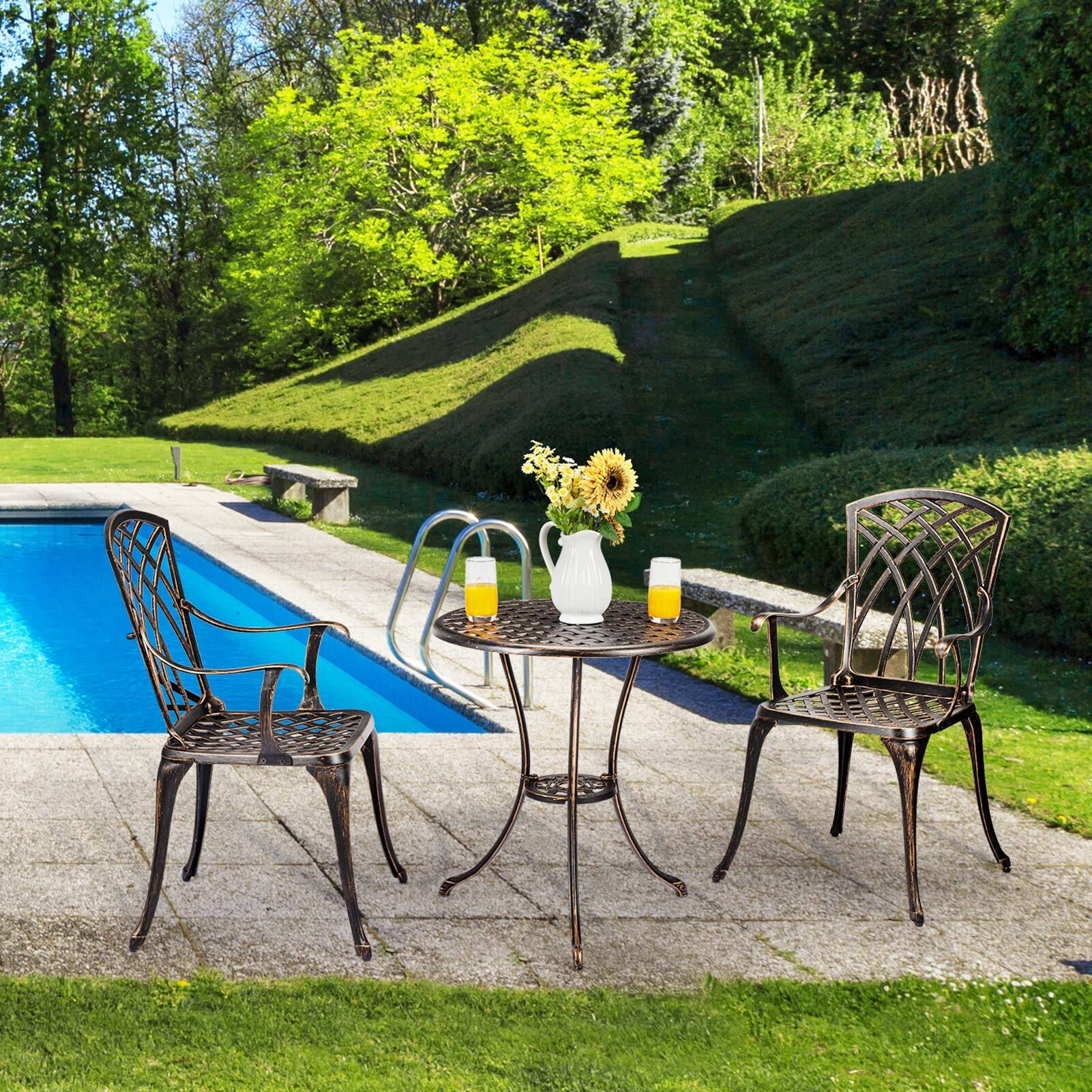 Alt View 2. Homhougo - 3-Piece Bistro Set Table Outdoor, Cast Aluminum Bistro Set Two Chairs,Lightweight Maintenance Free Outdoor Seating - Brown.