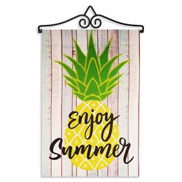 G128 - Combo Garden Flag Hanger 14.2 in with 12 x 18 in Enjoy Summer Pineapple Double-Sided Blockout Flag - Yellow