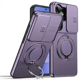 Dteck - Heavy Duty Case for Samsung Galaxy S26 Ultra with Foldable Ring Stand,Bulit in Slide Camera Cover,Fit Magnetic Car Mount - Purple