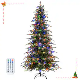 Costway - 8 FT Artificial Christmas Tree with 1395 Branch Tips, 460 LED Lights, Timer - Green