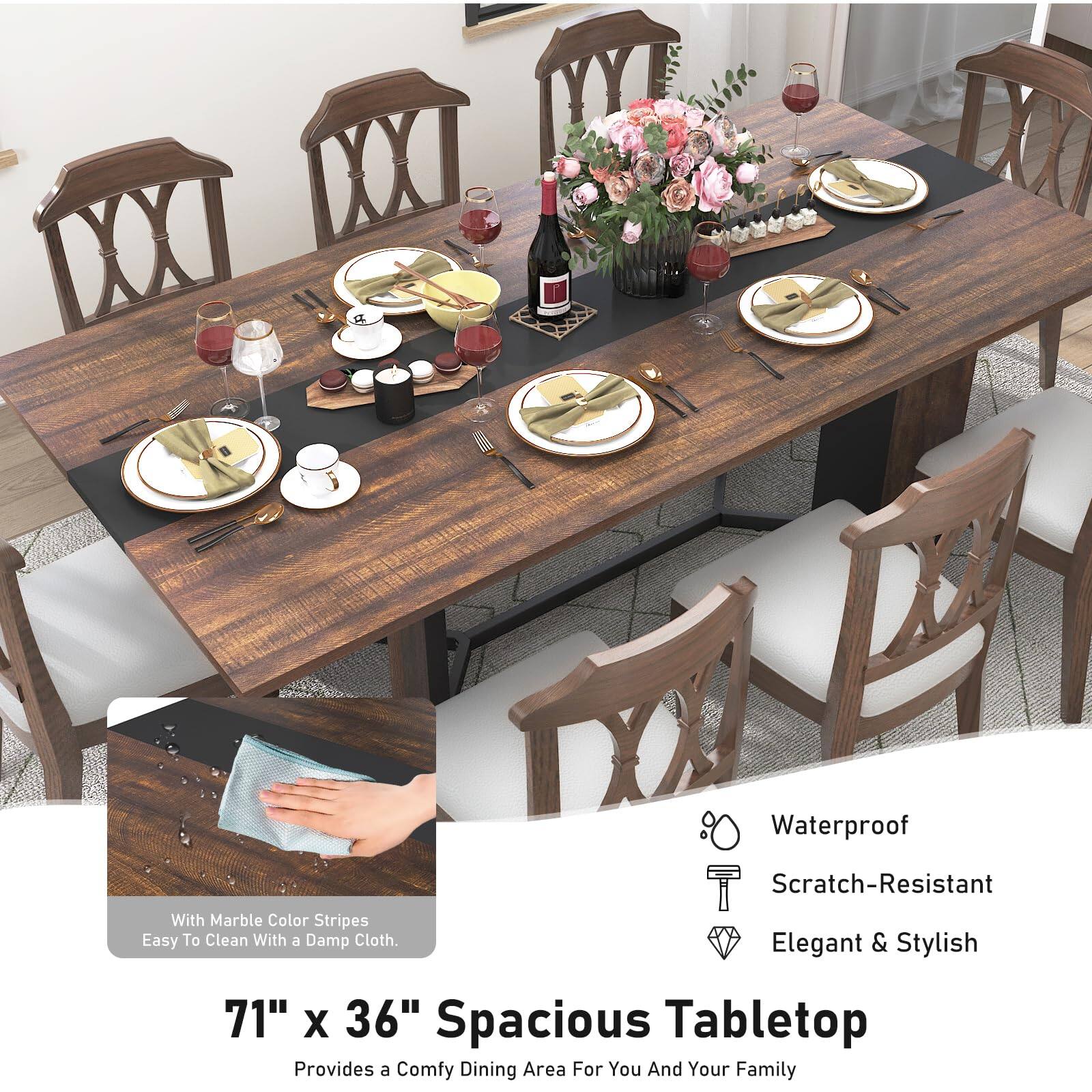 Waterproof Scratch-Resistant With Marble Color Stripes Easy To Clean With a Damp Cloth. Elegant & Stylish 71" X 36" Spacious Tabletop Provides a Comfy Dining Area For You And Your Family