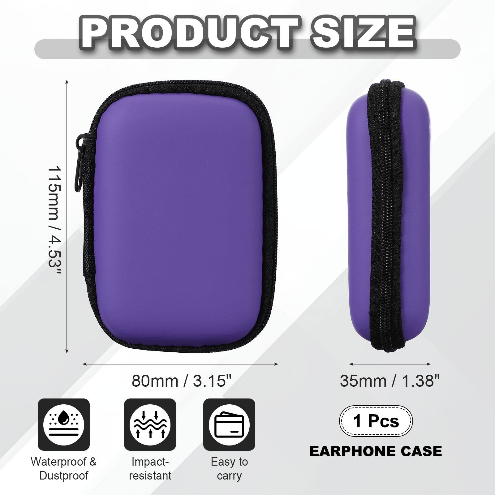 PRODUCT SIZE

115mm / 4.53"  
80mm / 3.15"  
35mm / 1.38"  

1 Pcs Waterproof & Dustproof Impact-resistant Easy to carry EARPHONE CASE