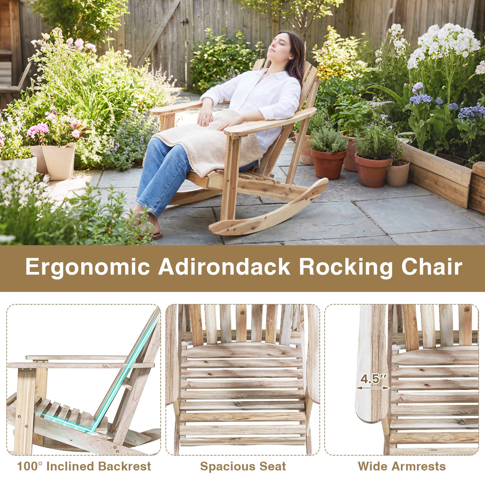 Ergonomic Adirondack Rocking Chair

- 100° Inclined Backrest
- Spacious Seat
- Wide Armrests (4.5")