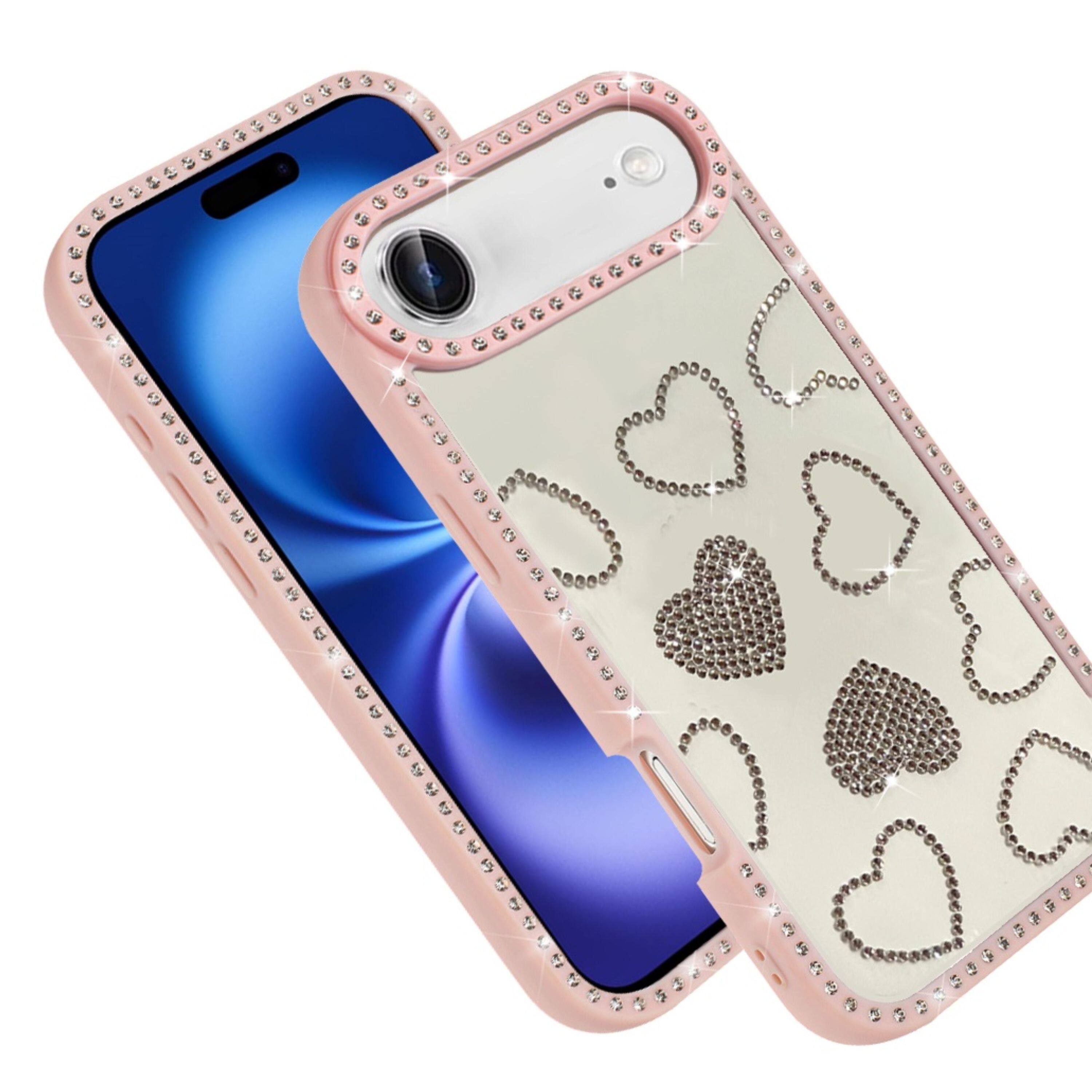 Left. Kitcheniva - Rhinestone Hearts Design Phone Case With Tempered Glass For iPhone Air Pink - Pink.