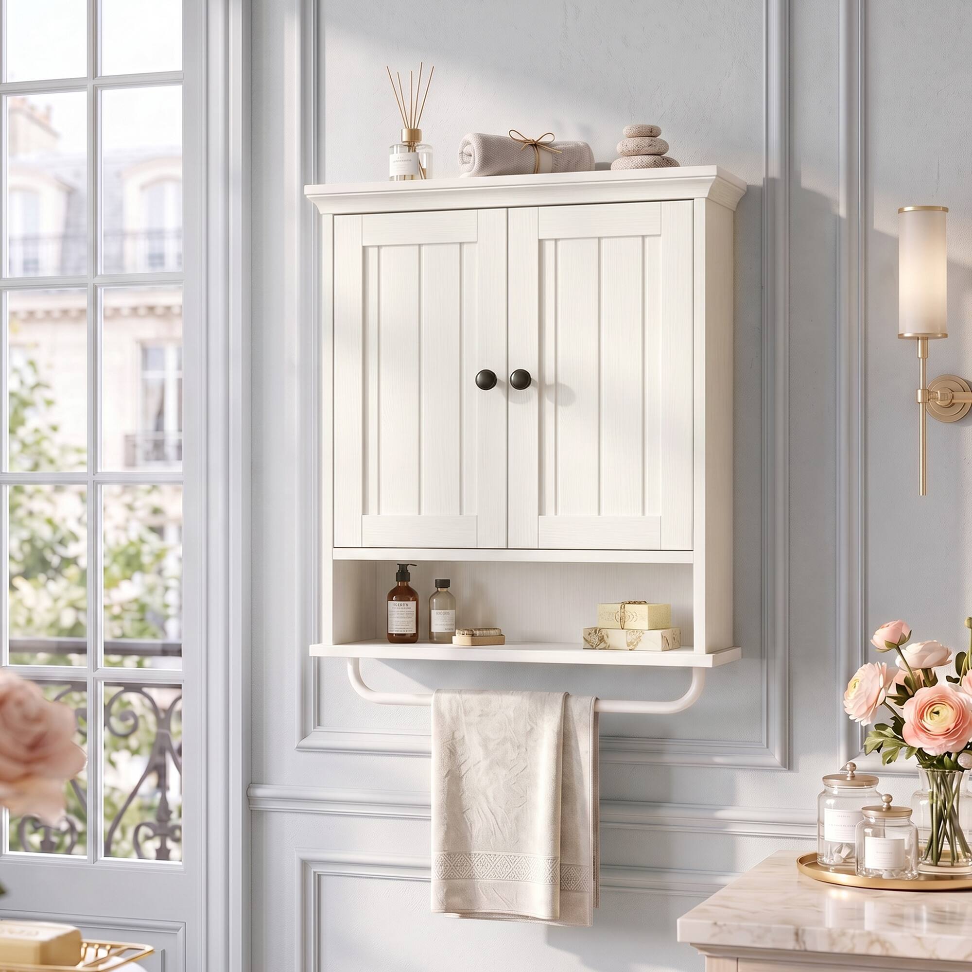 Alt View 3. Aheaplus - Wall Mounted Bathroom Cabinet, 2 Door Medicine Cabinet with Adjustable Shelves and Towel Bar - Off White.