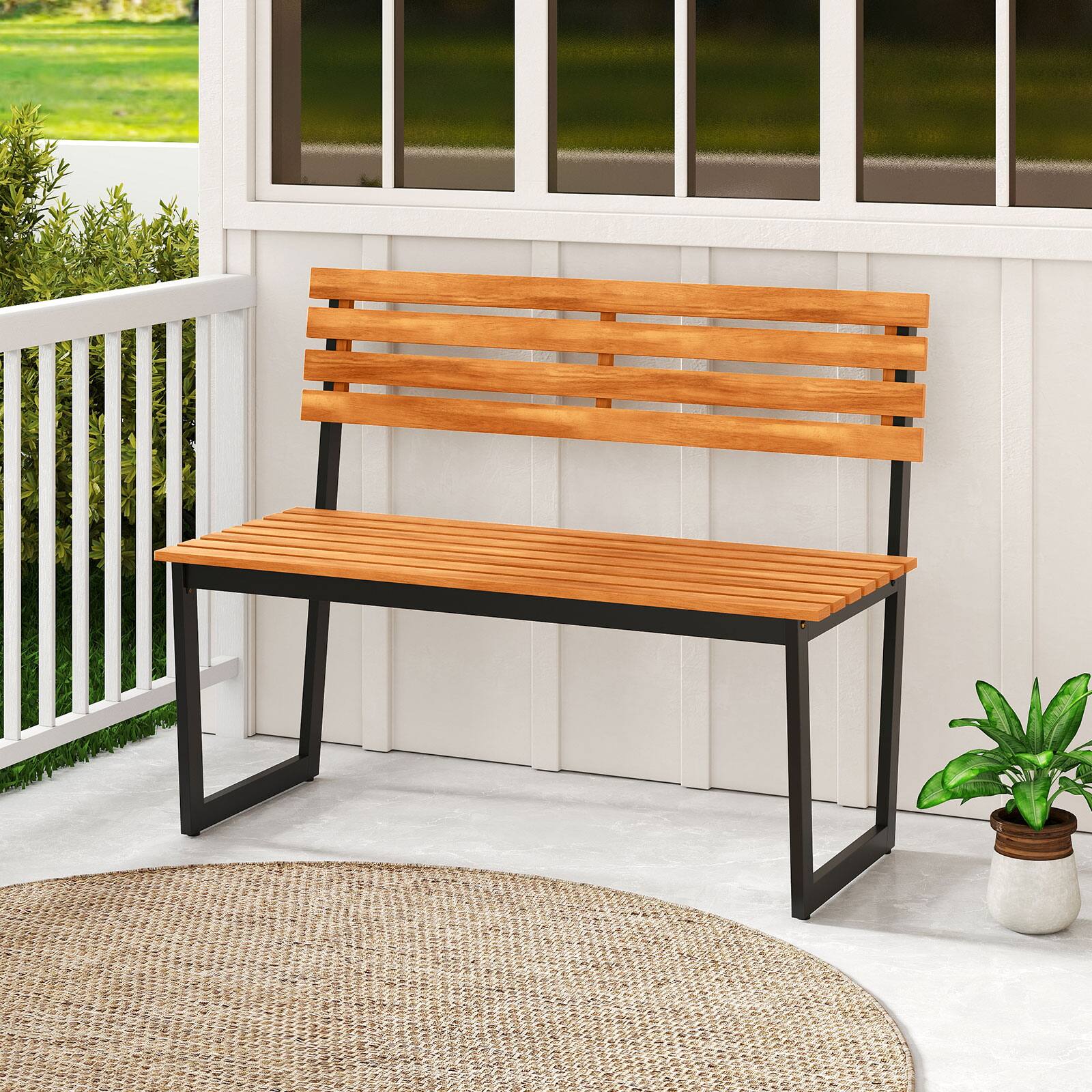 Alt View 4. Gymax - Gymax Outdoor Bench Acacia Wood Patio Loveseat w/ Backrest & Heavy Duty Metal Frame Black - Black.