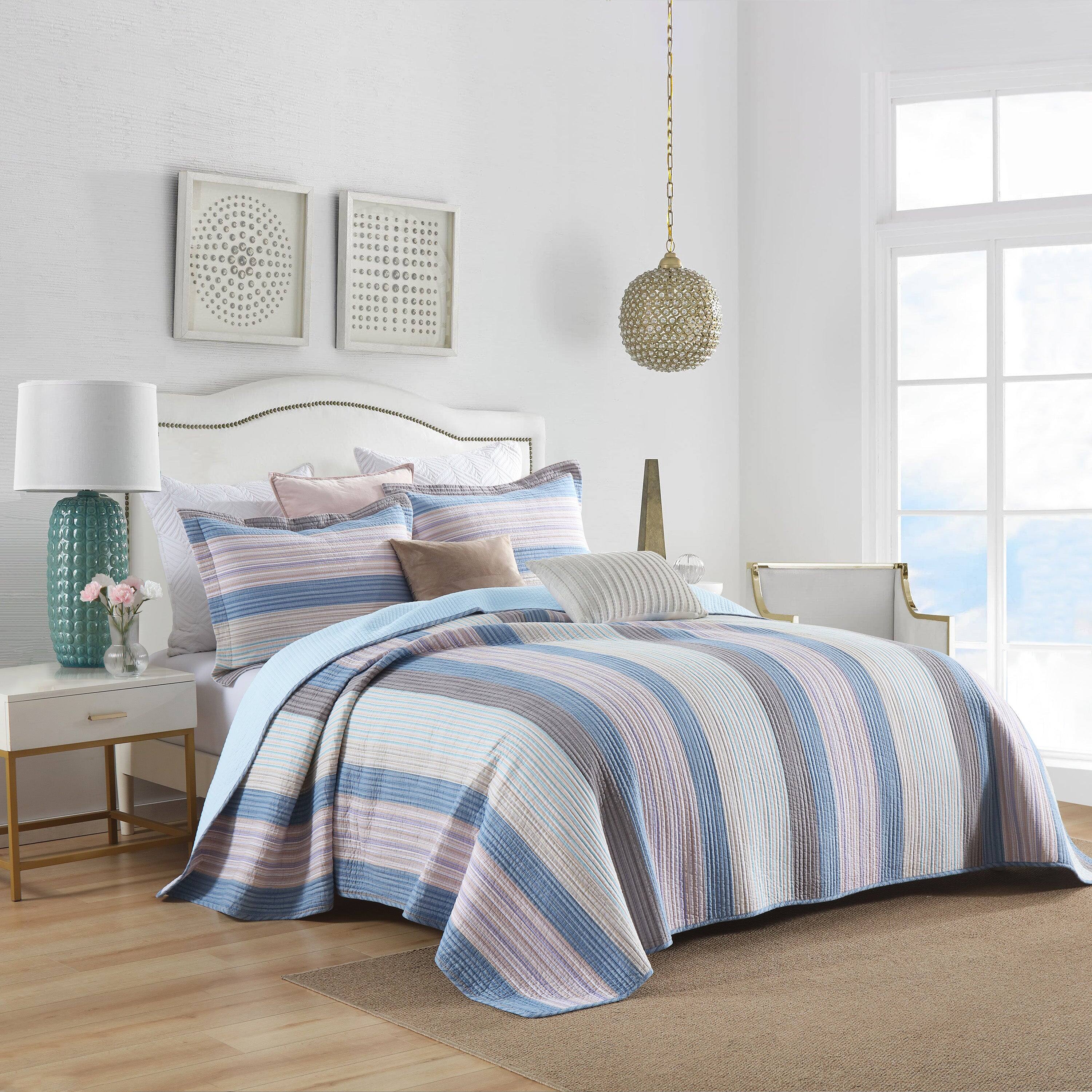Angle. MarCielo - Marcielo 3Pcs 100% Cotton Striped Quilt Bedspread Set Reversible Bedding - Blue.