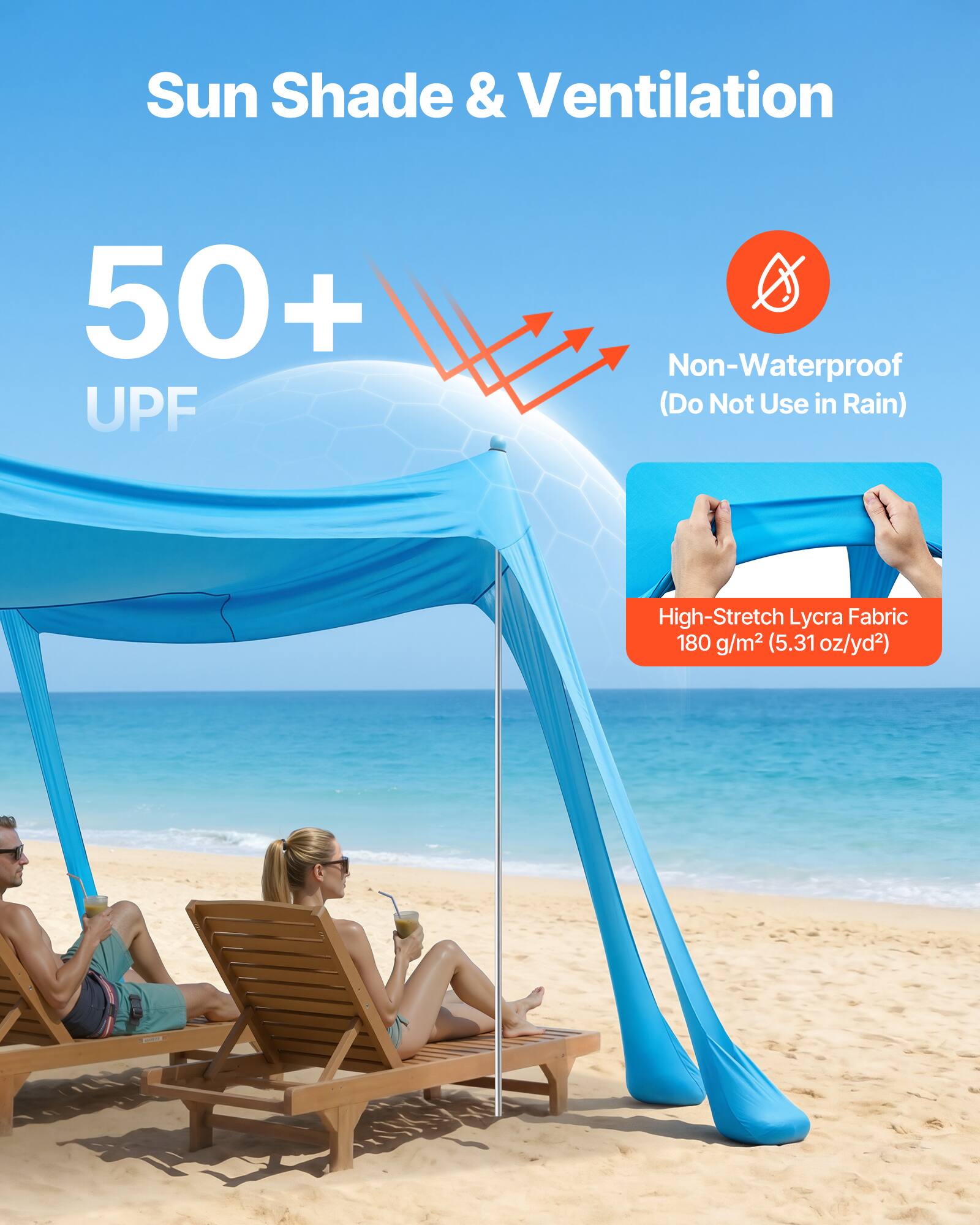 Sun Shade & Ventilation  
50+ UPF  
Non-Waterproof (Do Not Use in Rain)  
High-Stretch Lycra Fabric  
180 g/m² (5.31 oz/yd²)