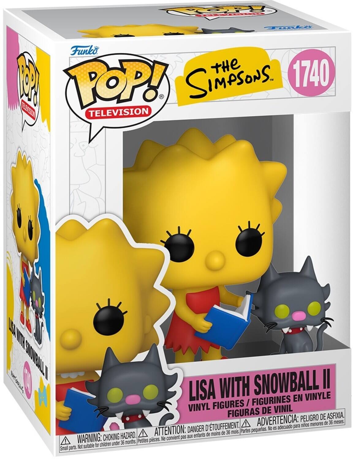 The text on the image is:

"Copy Treitro Toake Funko Simpsons. The 1740 1 Top! Eleosion Television La WTK Tmemone II eo Lisa with Snowball Figurines en Vinyl Figures / Vinyl de Vinil Figuras de Asfixia. Advertencia: Peligro meses. Menores de 36 Touffement. Adecuado para niños Attention: Danger D Partes pequeñas. No es de menos de 36 mois. Warning: Choking Hazard. Convient pas aux enfants Petites pieces. Ne children under 36 months Not suitable for Small parts."

Corrected and grouped text:

"Funko Pop! Television The Simpsons 1740. Lisa with Snowball II Vinyl Figures / Figurines en Vinil / Figuras de Vinil. Warning: Choking Hazard. Not suitable for children under 36 months. Danger: Asfixia. Advertencia: Peligro, no es adecuado para niños menores de 36 meses. Attention: Danger, pas convient aux enfants de moins de 36 mois. Petit danger: Asphyxie. Advertencia: Peligro, no es adecuado para niños menores de 36 meses. Warning: Choking Hazard. Small parts."