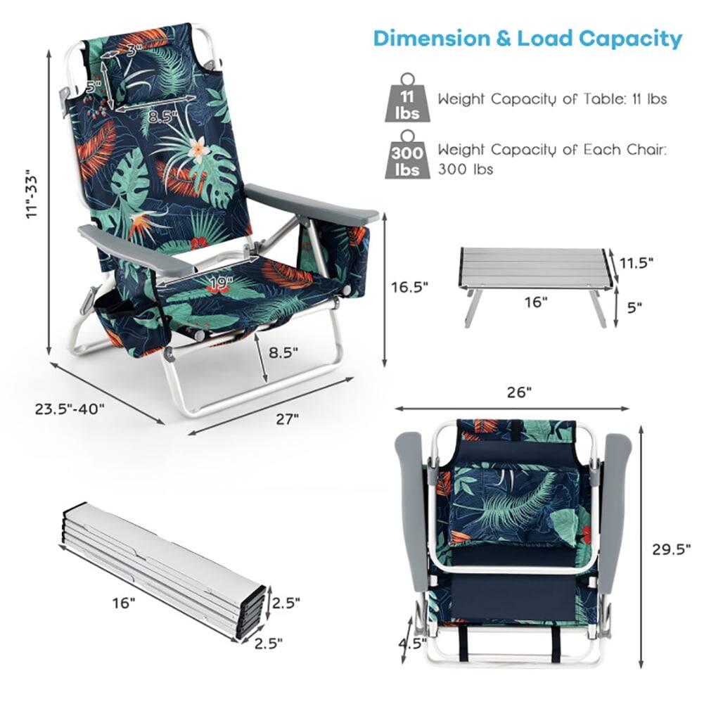Dimension & Load Capacity

Weight Capacity of Table: 11 lbs

Weight Capacity of Each Chair: 300 lbs

Dimensions:
- 11"-33"
- 16.5"
- 16"
- 11.5"
- 5"
- 8.5"
- 23.5"-40"
- 27"
- 26"
- 29.5"
- 16"
- 2.5"
- 2.5"