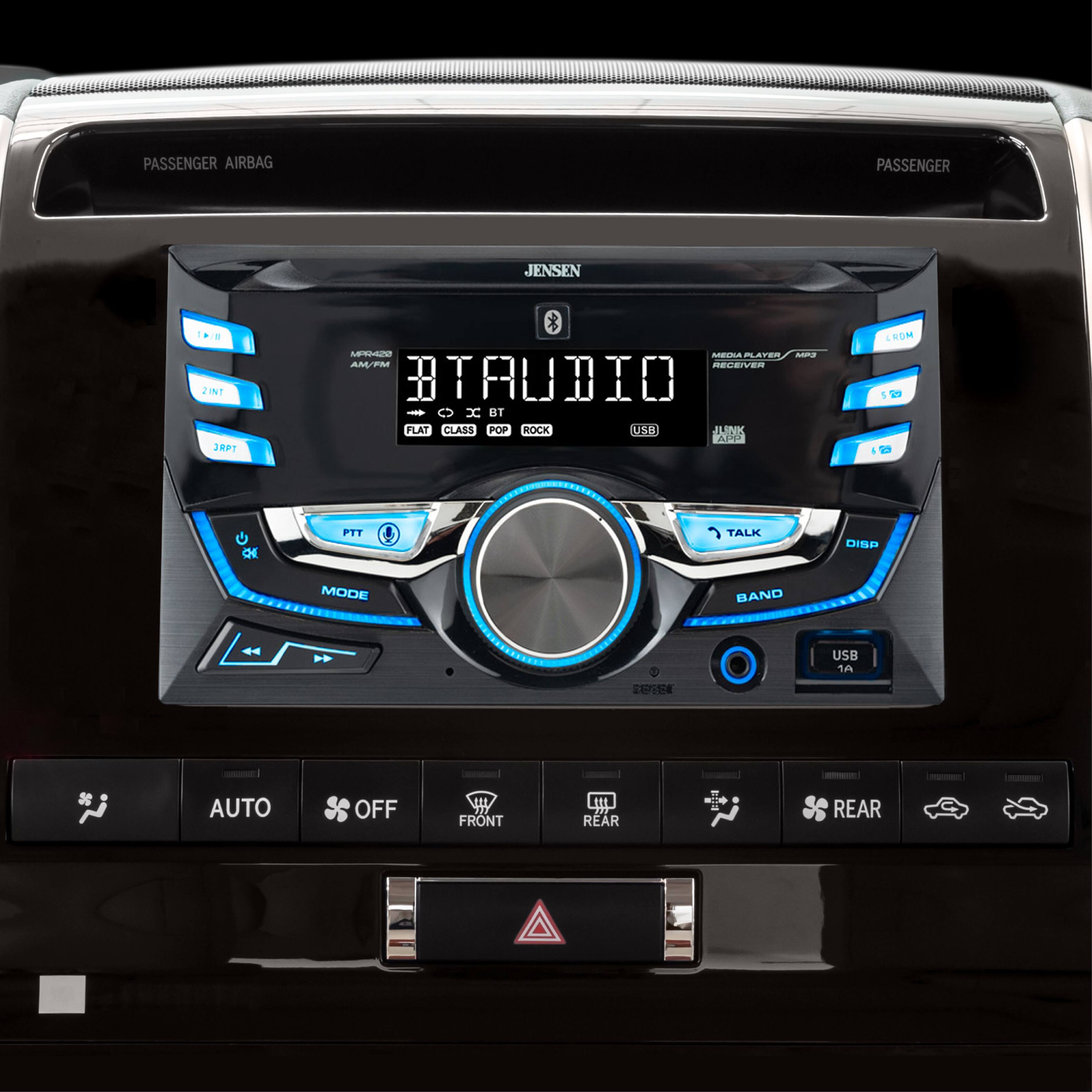 PASSENGER AIRBAG  
PASSENGER  
JENSEN  
100 2INT 3RPT  
MPR420 MEDIA PLAYER MP3 AM/FM RECEIVER BT AUDIO OXBT FLAT CLASS POP ROCK USB JUNK APP  
4ROM ()  
PTT  
TALK  
DISP  
MODE  
BAND  
USB 1A  

AUTO  
OFF  
FRONT  
REAR