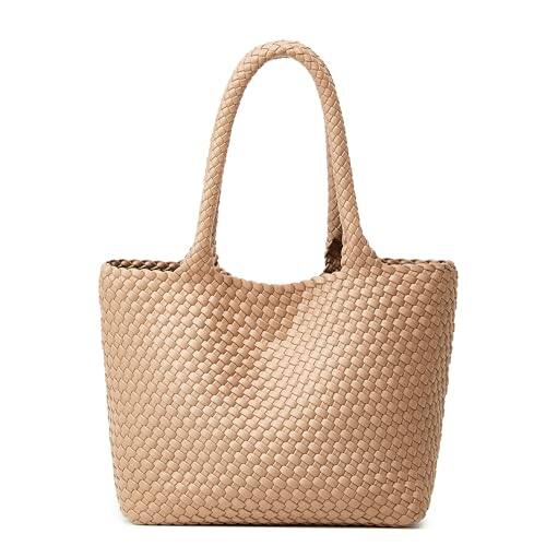 Front. DORLUKFU - Woven Tote Bag Womens Purse: Vegan Leather Shoulder Handbags - Fashion Summer Beach Tote Bags - Large Travel Totes - A1 Large Khaki.