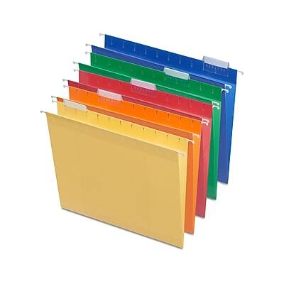 Front. Staples - Reinforced Box Bottom Hanging File Folders, 2" Expansion, 1/5-Cut Tab, Letter Size, Assorted, 25/Box - Assorted Colors.