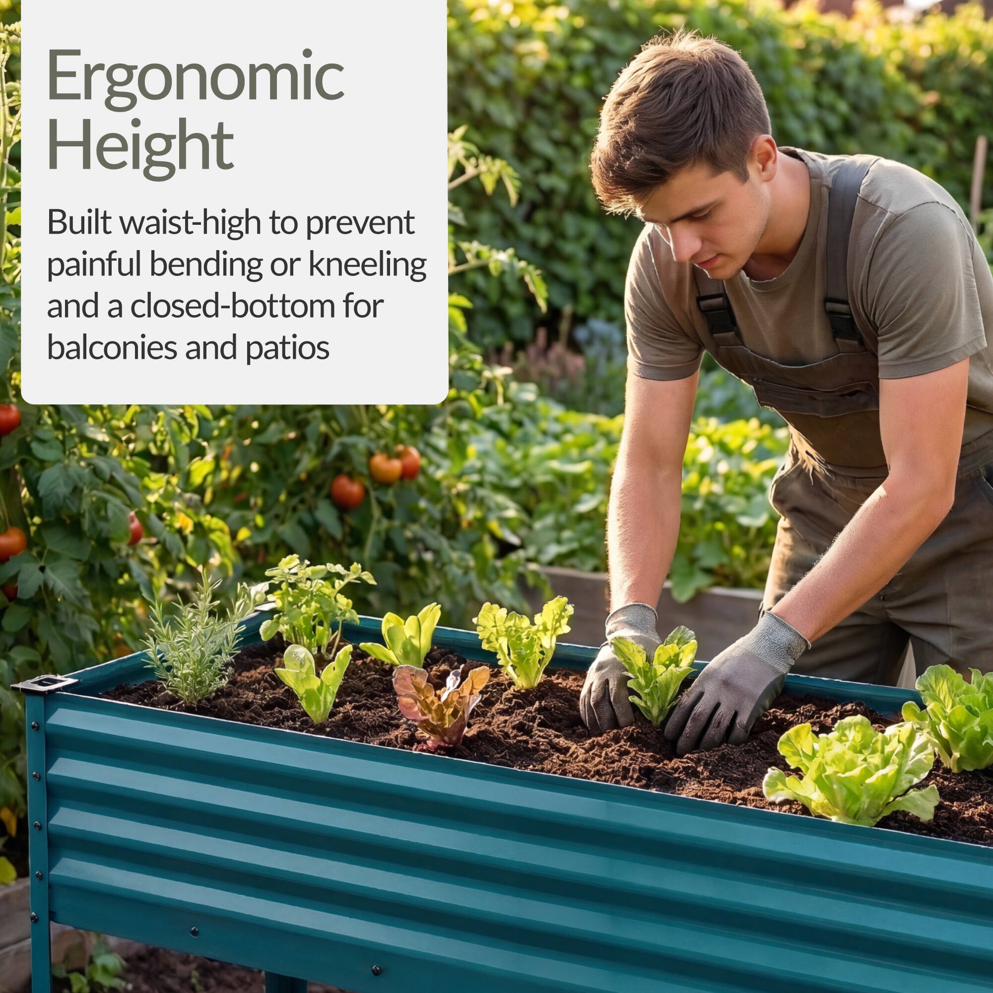 Ergonomic Height

Built waist-high to prevent painful bending or kneeling and a closed-bottom for balconies and patios