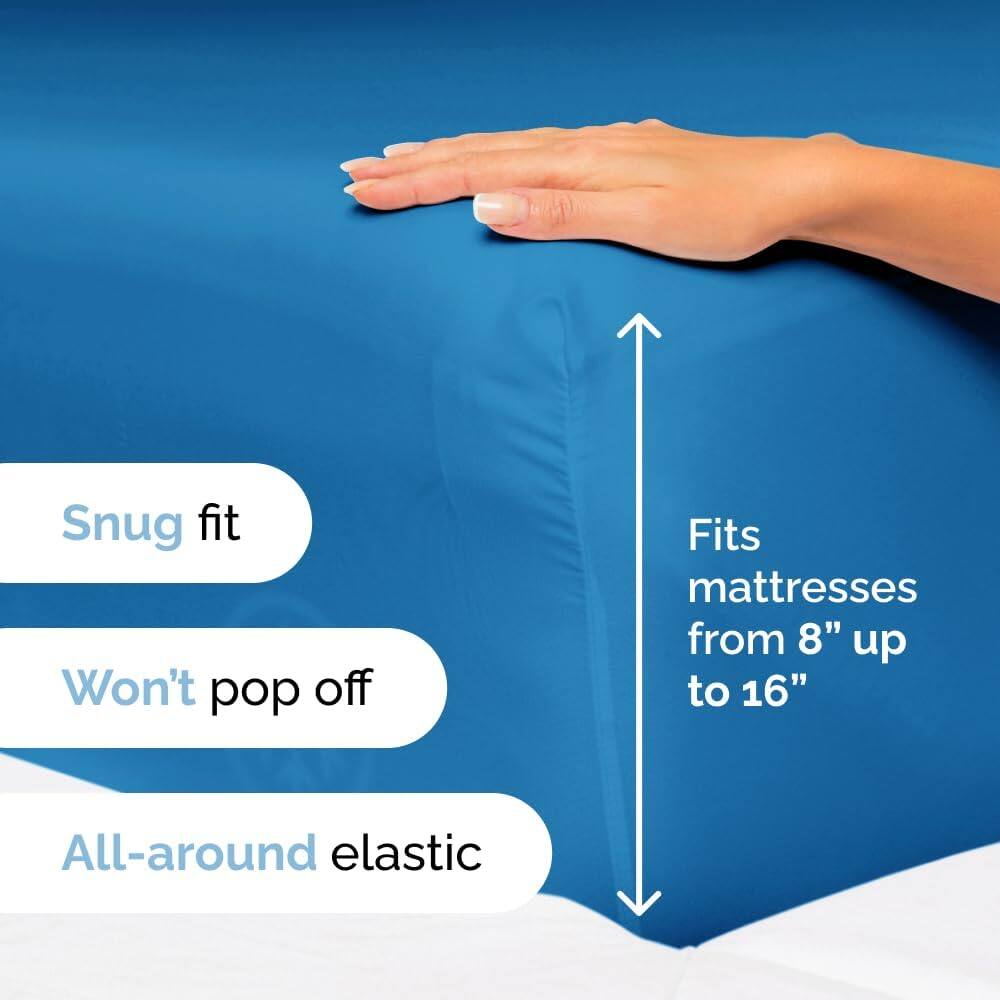 Snug fit  
Won't pop off  
Fits mattresses from 8" up to 16"  
All-around elastic