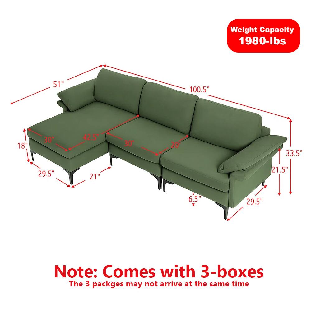 Weight Capacity: 1980-lbs

Dimensions:
- Length: 100.5"
- Width: 33.5"
- Height: 30"
- Seat Height: 18"
- Armrest Height: 21"
- Depth: 42.5"
- Back Height: 51"
- Seat Depth: 30"
- Armrest to Back: 20"
- Leg Height: 6.5"

Note: Comes with 3-boxes
The 3 packages may not arrive at the same time