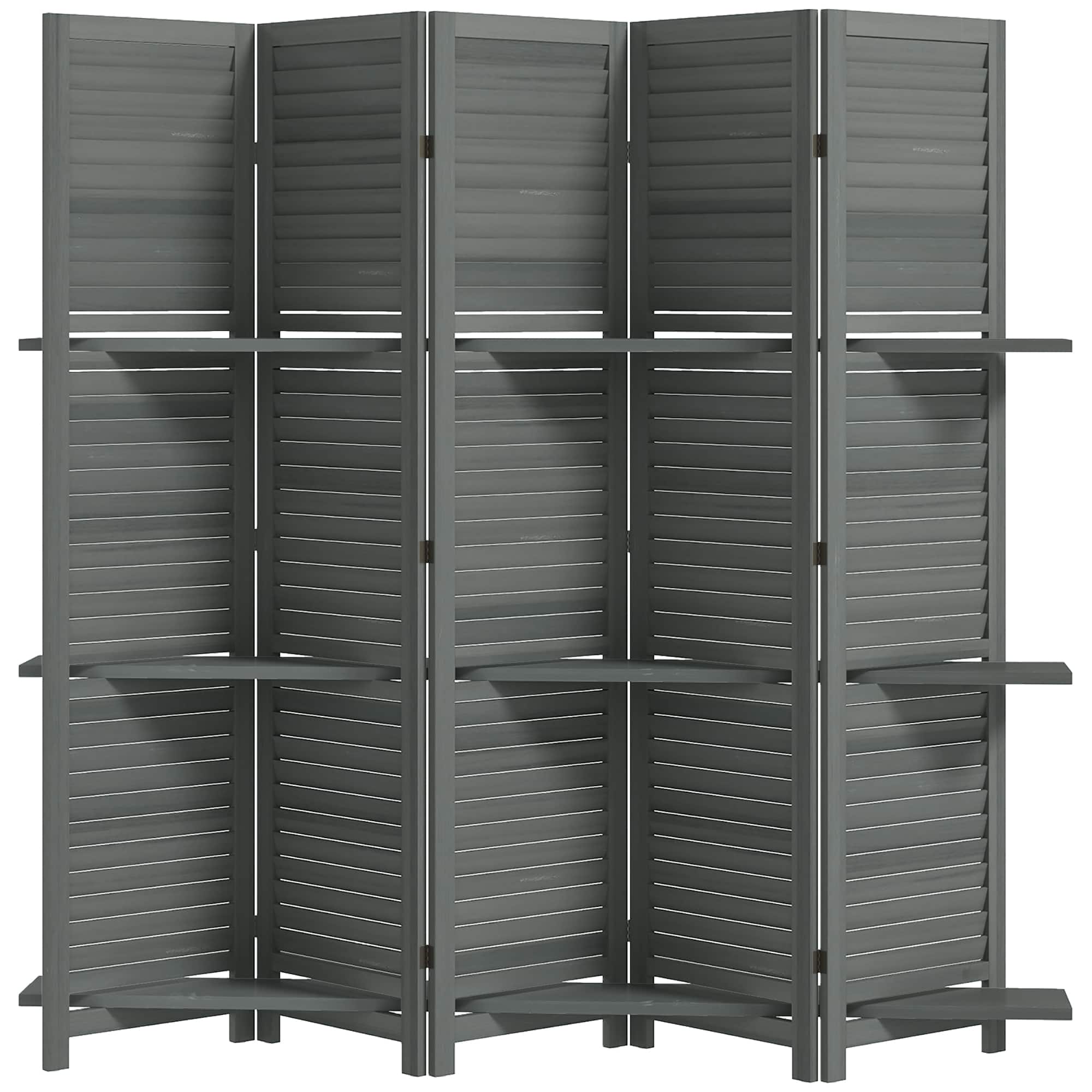 Homcom - Panel 67" Tall Wood Privacy Screen Room Divider with 3 Shelves and Folding Storage for Bedroom - Gray