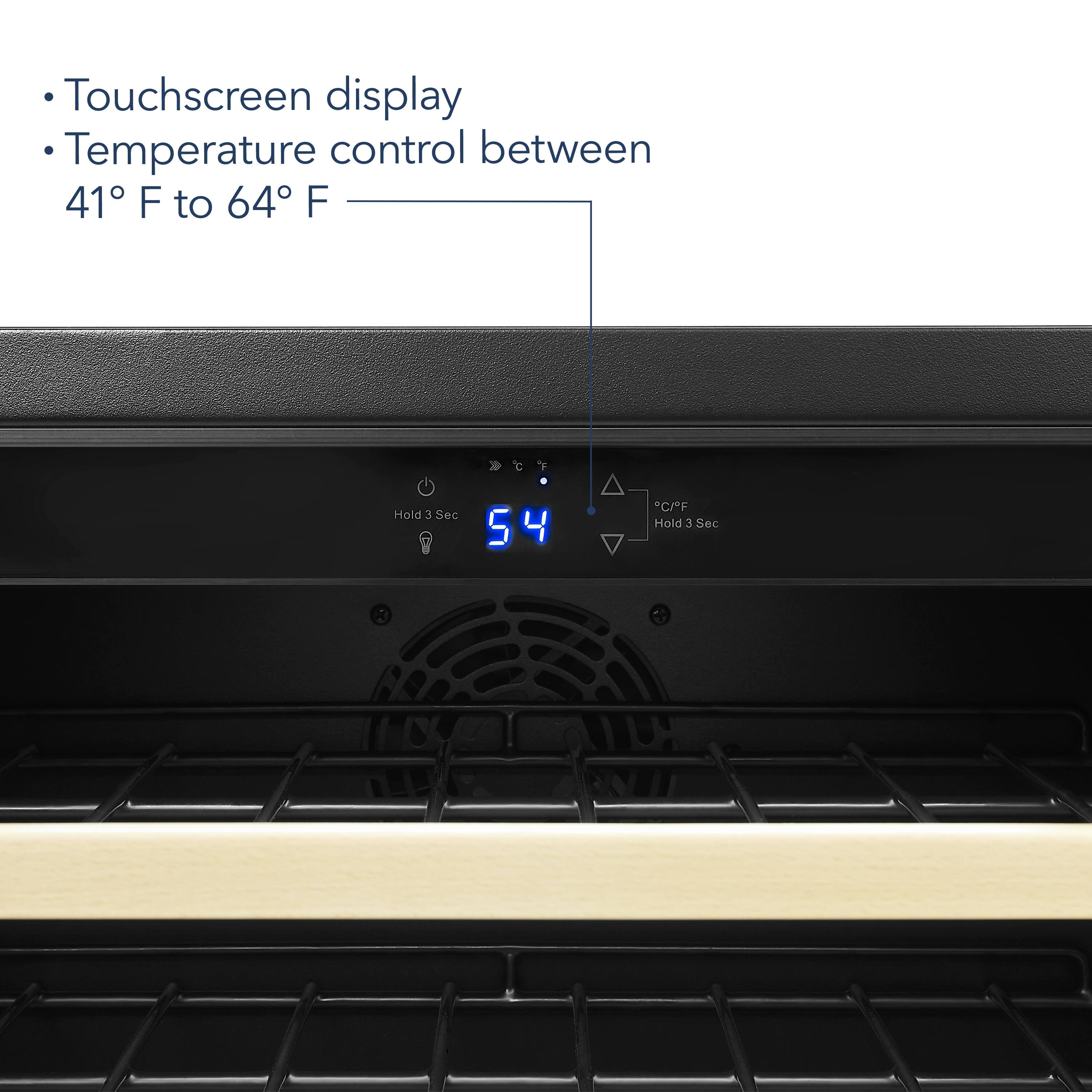 Touchscreen display, Temperature control between 41°F to 64°F, Hold 3 Sec, 54°C/F, Hold 3 Sec.