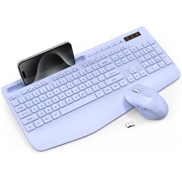 PRIMEPLUS - Wireless Keyboard Mouse Combo, Ergonomic Full-Size with Wrist Rest, Phone Holder, Silent Sleep Mode for Windows/Mac - Purple
