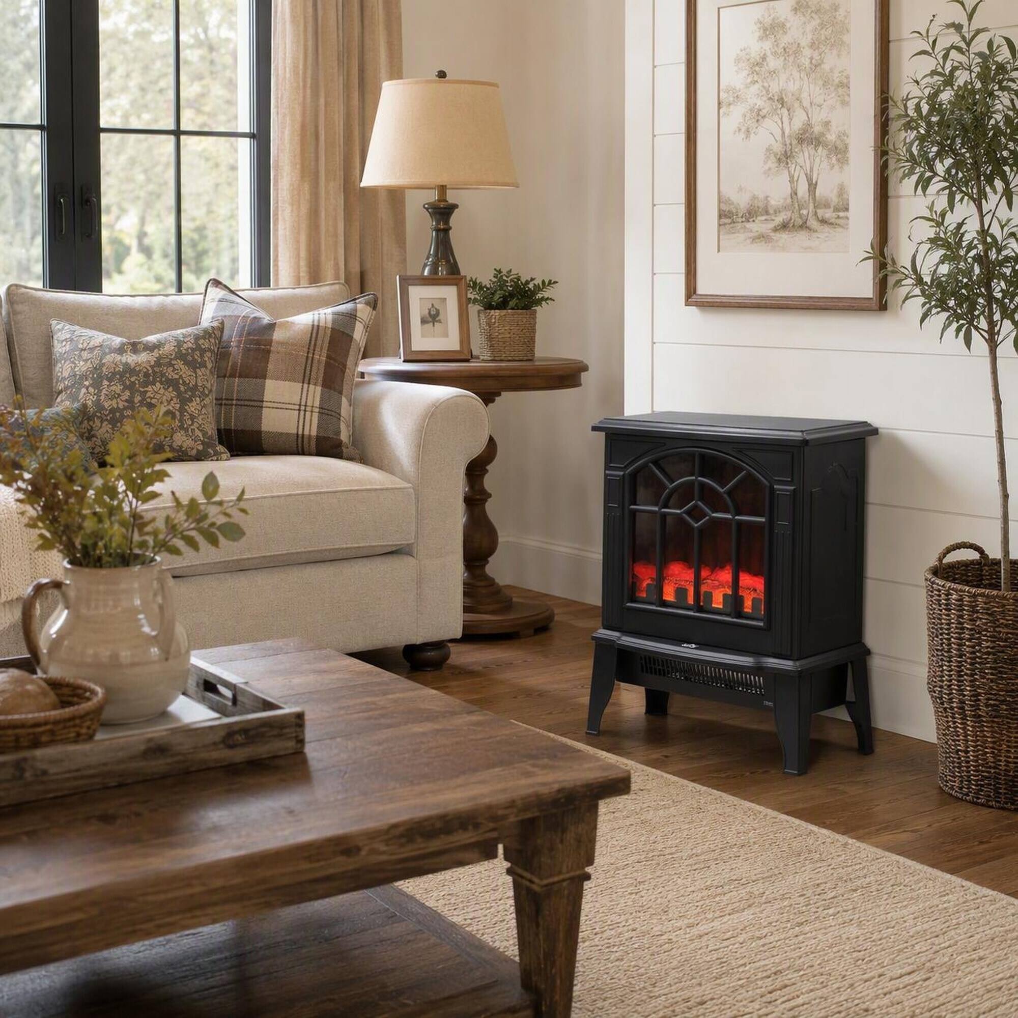 Angle. RYHNUYNE - 18-Inch Freestanding Electric Fireplace Heater with Realistic Flame Effect, Dual Heat Settings (750W/1500W) - Black.