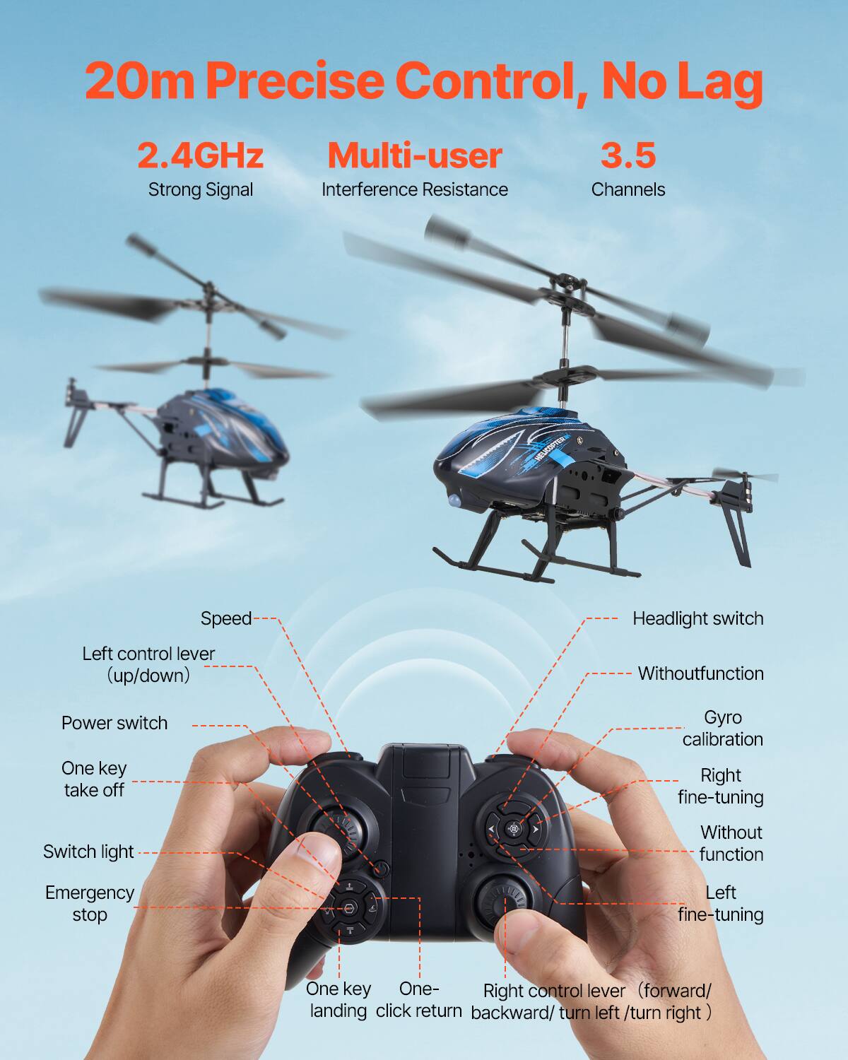 20m Precise Control, No Lag

2.4GHz  
Strong Signal

Multi-user  
Interference Resistance

3.5  
Channels

- Speed
- Left control lever (up/down)
- Power switch
- One key take off
- Switch light
- Emergency stop
- Headlight switch
- Without function
- Gyro calibration
- Right fine-tuning
- Without function
- Left fine-tuning
- One key landing
- One click return
- Right control lever (forward/ backward/ turn left / turn right)