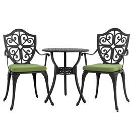 Nuu Garden - 24 Inch Cast Aluminum Bistro Table with Umbrella Hole and 2 Bistro Chairs - Black and Green