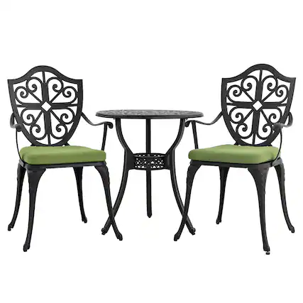 Front. Nuu Garden - 24 Inch Cast Aluminum Bistro Table with Umbrella Hole and 2 Bistro Chairs - Black and Green.