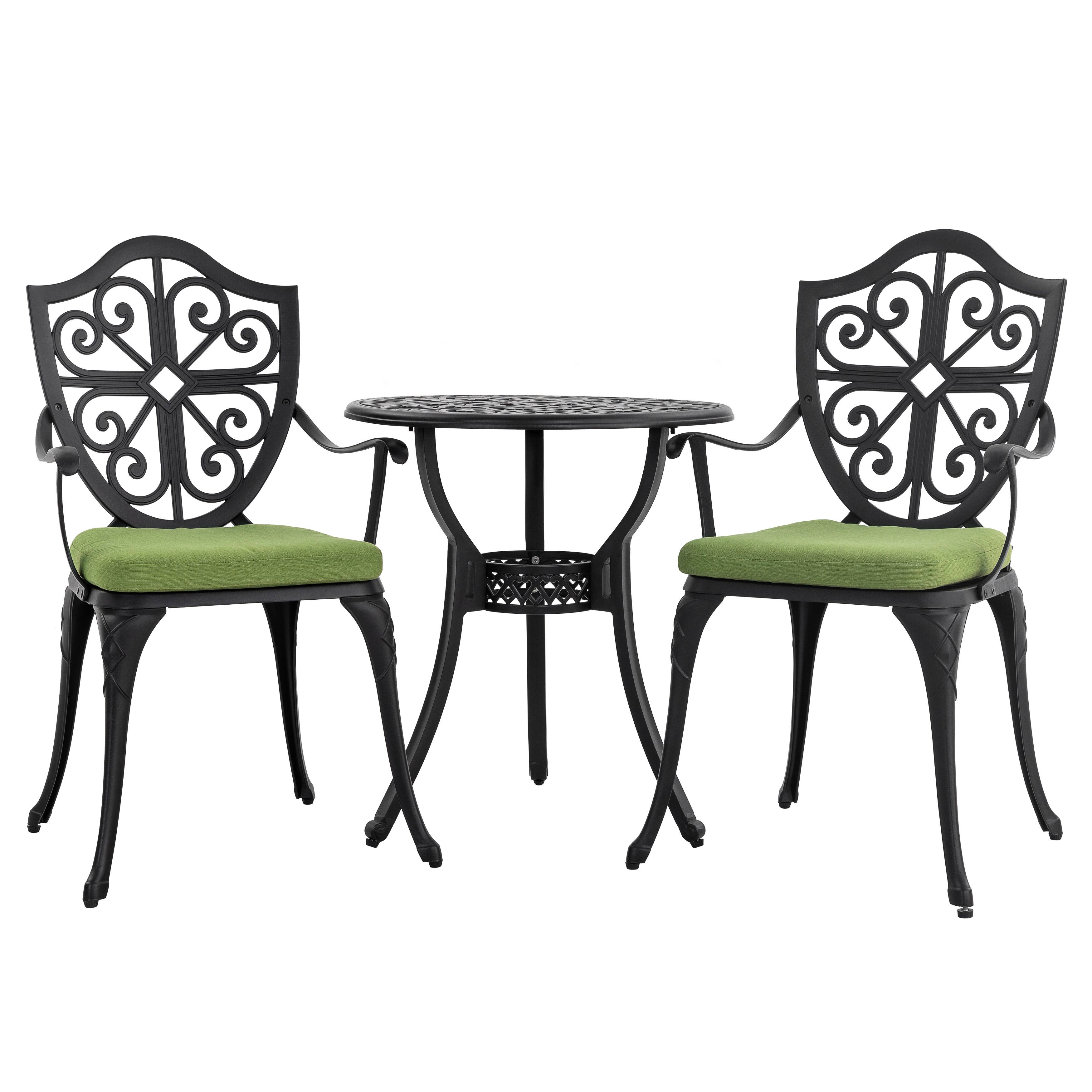 Front. Nuu Garden - 24 Inch Cast Aluminum Bistro Table with Umbrella Hole and 2 Bistro Chairs - Black and Green.